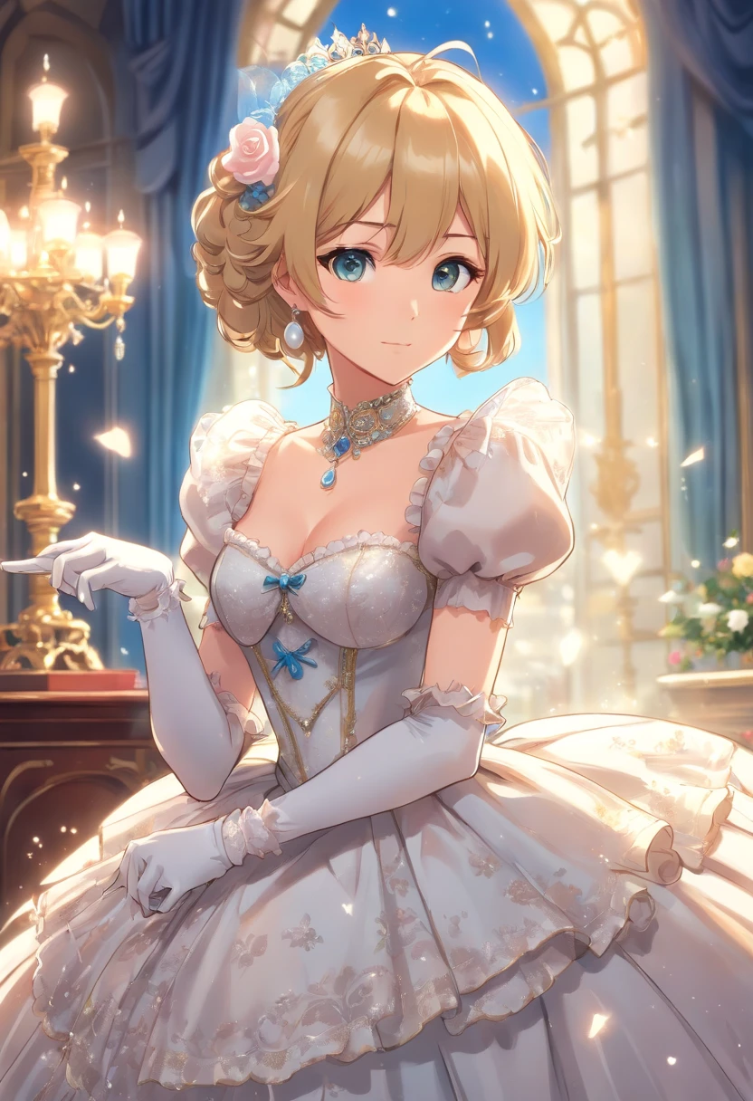 A stunningly beautiful blonde fairytale Princess shining with Royal Pomp and Regal Splendor, wearing a Stately and (((Elaborate))) Royal Cinderella Ballgown of Silver and White Brocade, with (((enormous puffed sleeves))) a stiffly boned, padded and corseted bodice, an hourglass waist, a (((huge crinoline hoopskirt))) and (((bustle))), adorned with ribbons, bows, roses, lace, ruffles, frills, embroidery, and jewels, elaborately curled and styled hair, long white gloves, pearl and diamond necklace and earrings