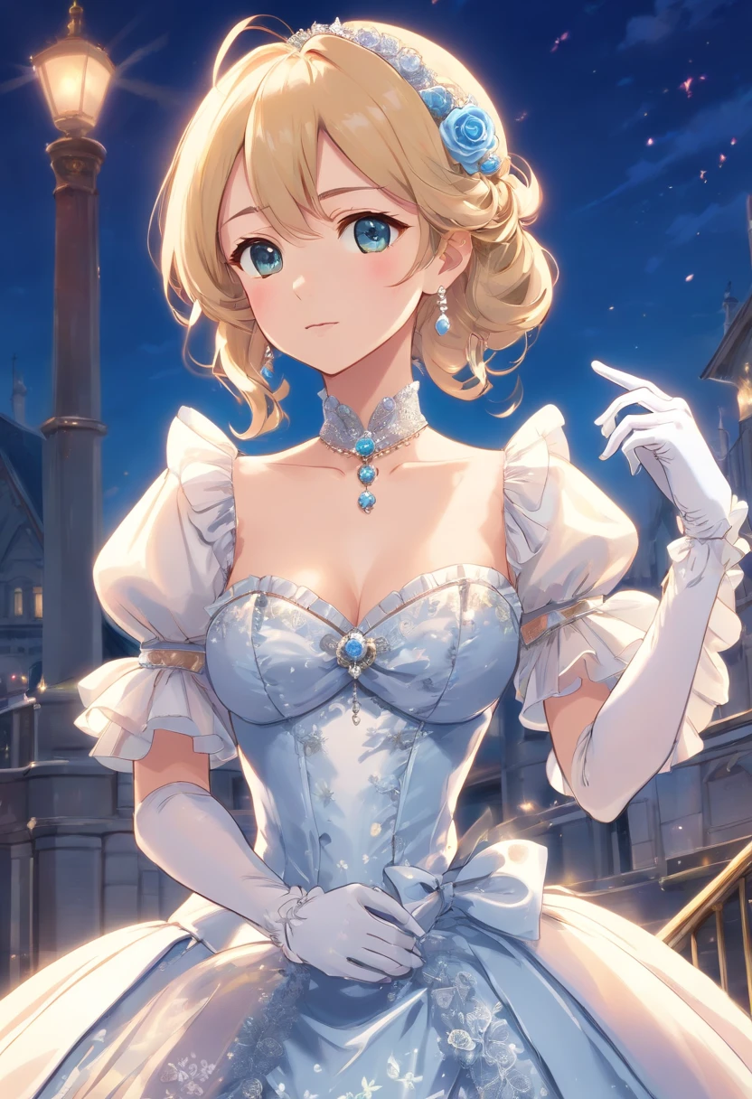 A stunningly beautiful blonde fairytale Princess shining with Royal Pomp and Regal Splendor, wearing a Stately and (((Elaborate))) Royal Cinderella Ballgown of Silver and White Brocade, with (((enormous puffed sleeves))) a stiffly boned, padded and corseted bodice, an hourglass waist, a (((huge crinoline hoopskirt))) and (((bustle))), adorned with ribbons, bows, roses, lace, ruffles, frills, embroidery, and jewels, elaborately curled and styled hair, long white gloves, pearl and diamond necklace and earrings