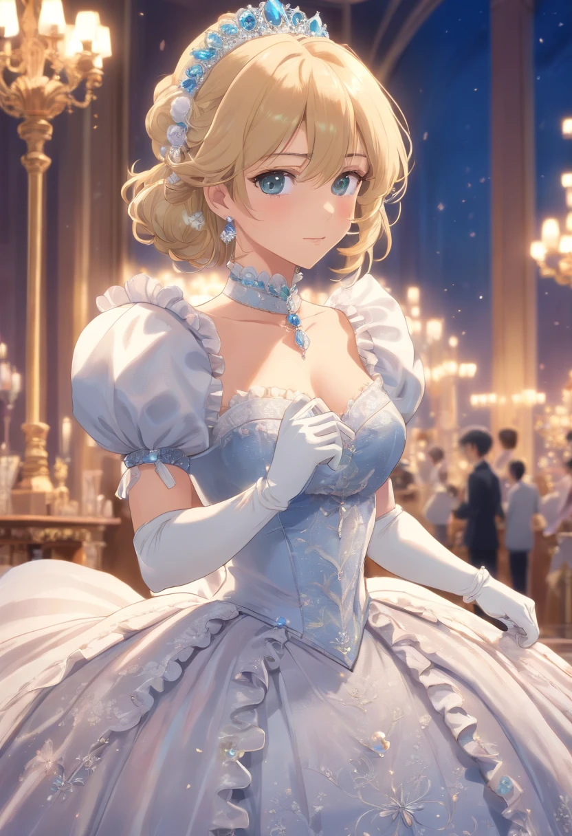 A stunningly beautiful blonde fairytale Princess shining with Royal Pomp and Regal Splendor, wearing a Stately and (((Elaborate))) Royal Cinderella Ballgown of Silver and White Brocade, with (((enormous puffed sleeves))) a stiffly boned, padded and corseted bodice, an hourglass waist, a (((huge crinoline hoopskirt))) and (((bustle))), adorned with ribbons, bows, roses, lace, ruffles, frills, embroidery, and jewels, elaborately curled and styled hair, long white gloves, pearl and diamond necklace and earrings