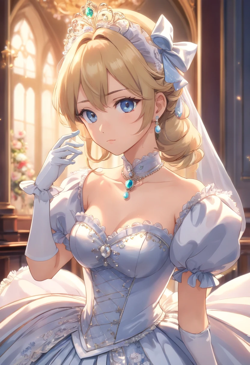 A stunningly beautiful blonde fairytale Princess shining with Royal Pomp and Regal Splendor, wearing a Stately and (((Elaborate))) Royal Cinderella Ballgown of Silver and White Brocade, with (((enormous puffed sleeves))) a stiffly boned, padded and corseted bodice, an hourglass waist, a (((huge crinoline hoopskirt))) and (((bustle))), adorned with ribbons, bows, roses, lace, ruffles, frills, embroidery, and jewels, elaborately curled and styled hair, long white gloves, pearl and diamond necklace and earrings