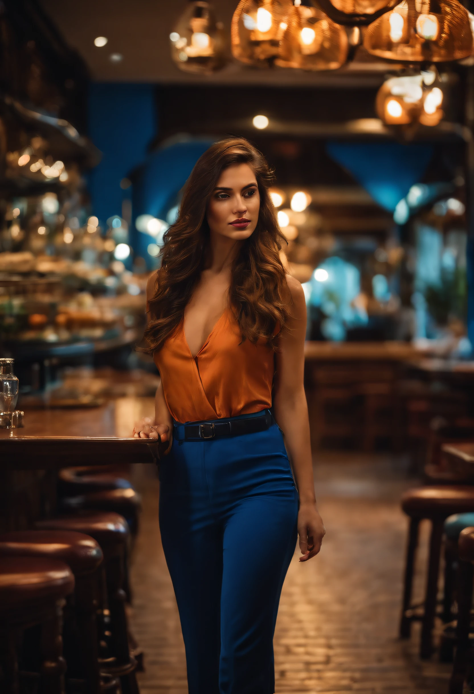 Thin brunette woman about 23 years old, caminando por la calle, sin ropa, ojos azules, fotorrealista in restaurant