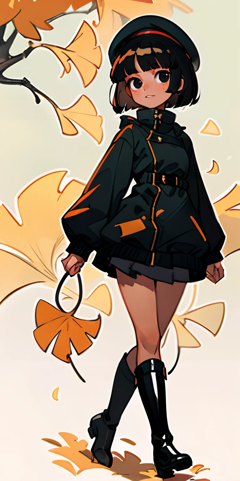 Gingko streetscape of fallen leaves, extremely delicate and beautiful girl, full body Esbian, view straight on, Walking motion, 18year old, Short hair, bob cuts, bangss, Black hair, Shiny hair, lightsmile, small tits, Black eyes, bright skin, beret, parka, Check skirt, long boots, Orange clothes, ultra-detailliert,