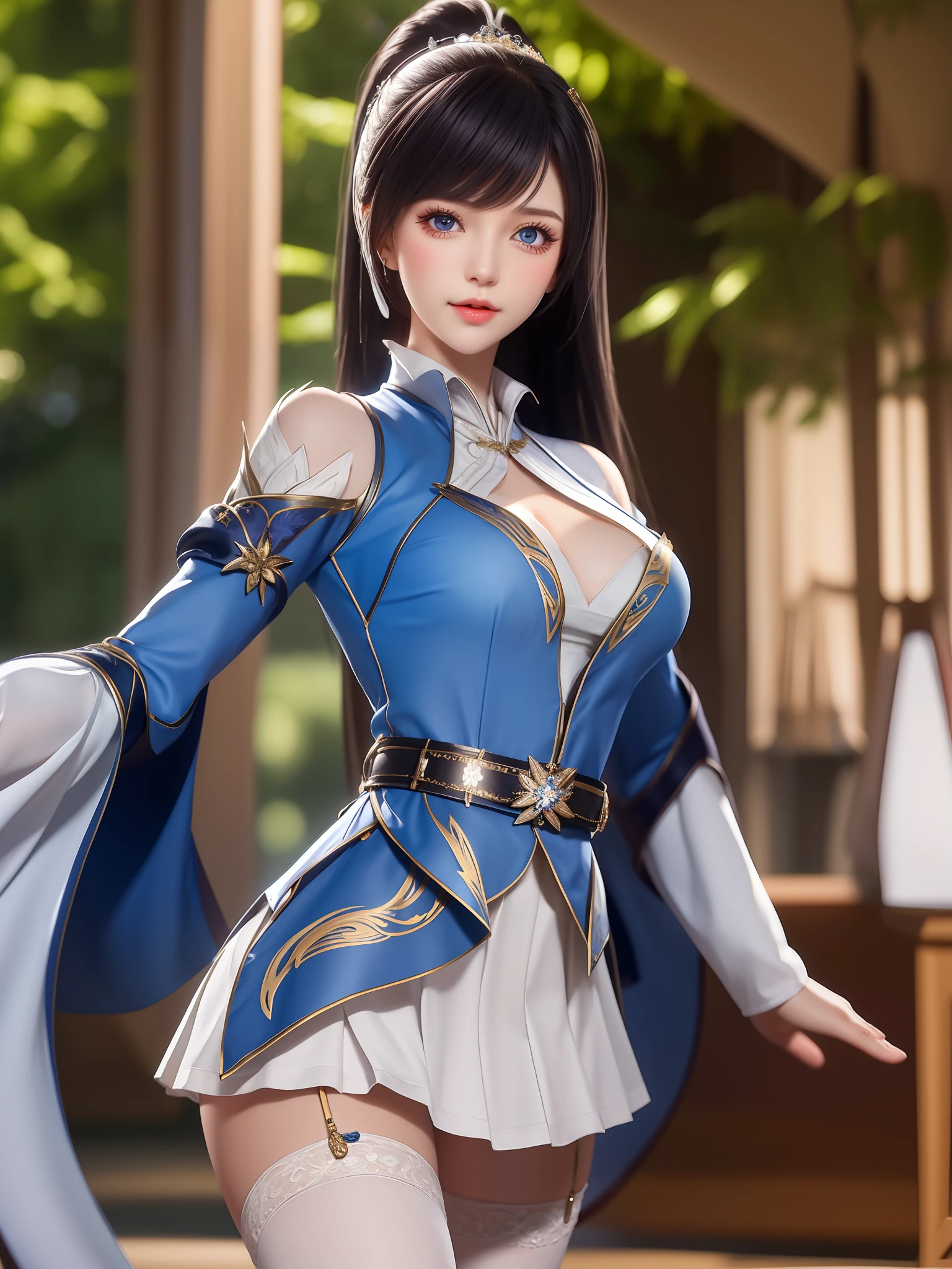 1girl, long hair, dress,hair ornament, looking at viewer, mature female, good morning, thighhighs, clothing cutout, bangs, high collar,white skirt,ponytail, cowboy shot, long sleeves, belt,blue eyes,makeup, blush,Beautiful woman, large breasts detailed body, with sexy look