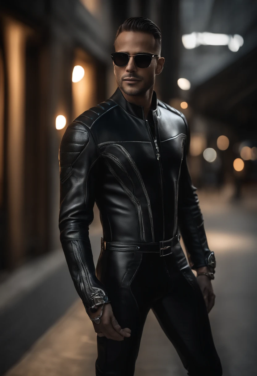 jovem bonito, realista, 8k, Wearing the trilogy's iconic black leather suit "matriz". Your body is in a confident pose, with his right hand in his coat pocket. He keeps his expression happy and smiling, while sunglasses reflect ambient light. Cidade futuristica, cyberpunk, Matching the Signature Costume. Subtle touches of silver are used to enhance the details of the costume. The texture of the painting is meticulous, Highlighting the details of the leather suit and sunglasses. Each element is carefully crafted to convey the unique fusion between the two universes. .((corpo inteiro):1.5). 16k, UHD, best possible quality, ultra detalhado, best possible resolution, Motor Unreal 5, fotografia profissional, Dedos bem detalhados, Very detailed hand, perfeito_Hands