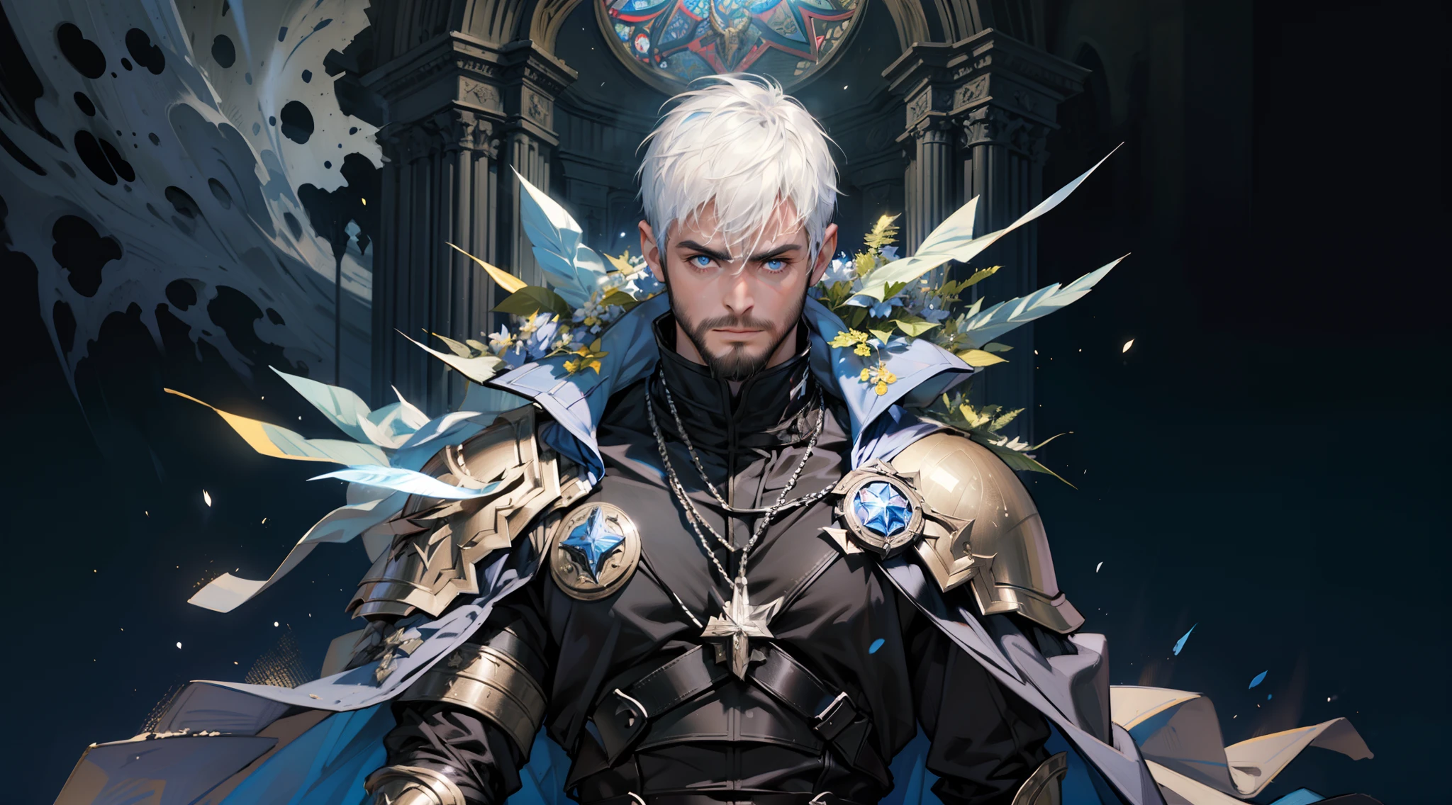 Highest quality, masterpiece, male, black super short hair, blue eyes, armor, cape, brightly colored, bright picture, paladin, muscular, short beard, mature, glowing particle special effects, church, national character face, tall, strong, rough face, falling feathers, ( more detailed face)