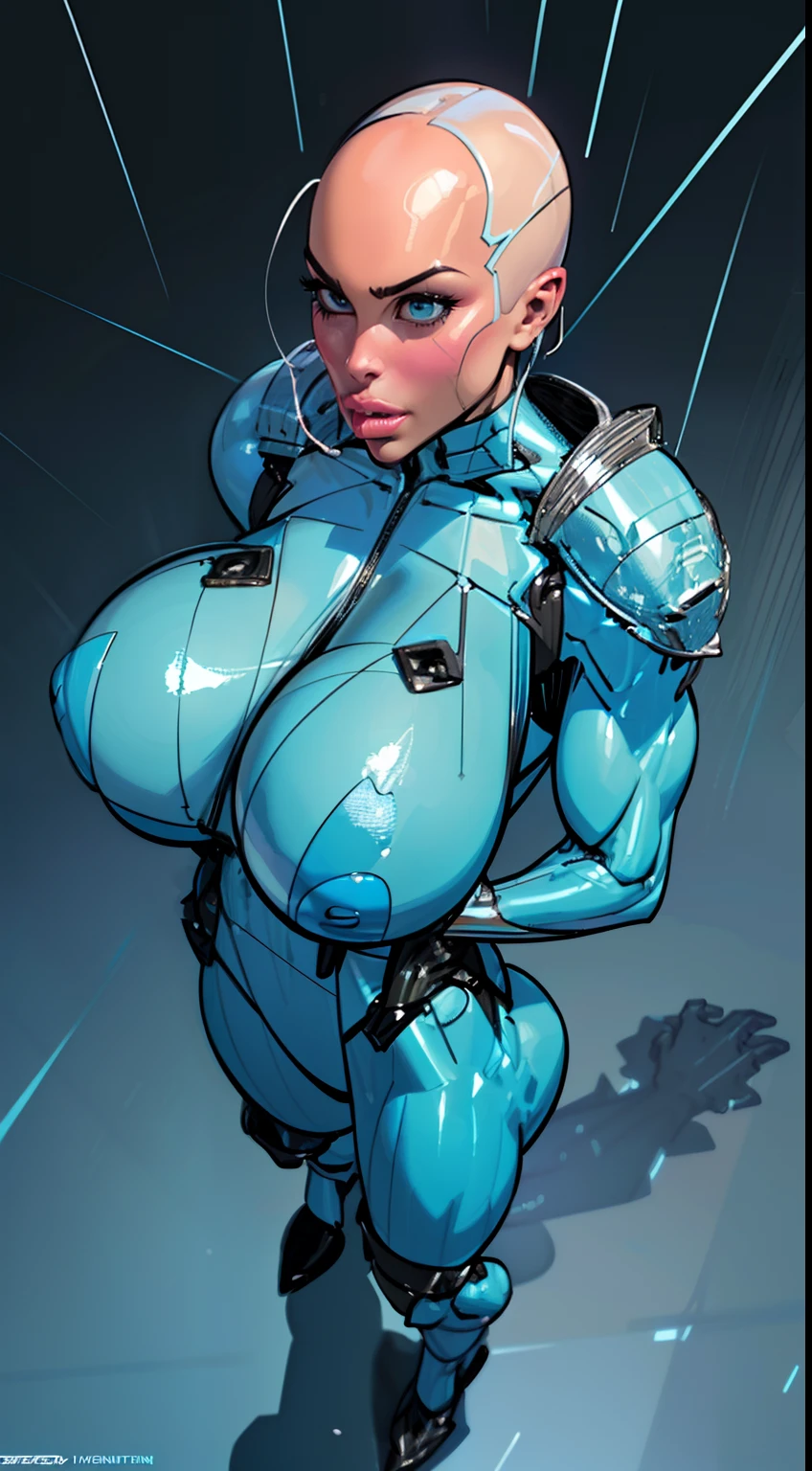 8k ((above view:1.6)), ((full body view:1.3)) (large eyes:1.3), defined cheekbones, looking back, ((the pit style:1.4))((sleek silver bodysuit:1.6)) ((intricate metal details:1.4))detailed face:1.5), lightblue skin,(((puffy lips:1.5))) (lightblue skin:1.6), (bald woman:1.7), (skinhead) ((sexy pose)),(Muscular:1.3), ((gigantic breasts:1.5)), )highly detailed, Volumetric lighting, baroque oil painting by Greg Rutkowski, Artgerm, WLOP, dynamic angle,((intricate neon lines on bodysuit:1.3)), majestic, digital photography, best shadow, light particles, art by artgerm and ruan jia and greg rutkowski, ((metal shoulder pads:1.6)), (masterpiece), sidelighting, intricate details, (((black and blue color palette)))
