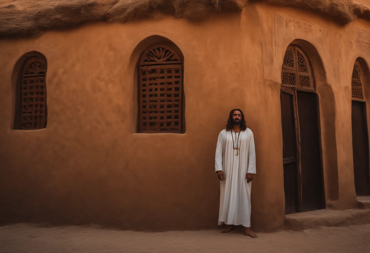 imagem de JESUS,  Um Menino, de pele morena cabelos longos e castanho. Walking around the city of Egypt in front of the cameras, entre pessoas .4k, Altamente detalhado e realista.