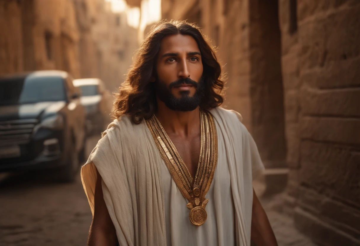 imagem de JESUS, Um , de pele morena cabelos longos e castanho. Walking around the city of Egypt in front of the cameras, entre pessoas .4k, Altamente detalhado e realista.