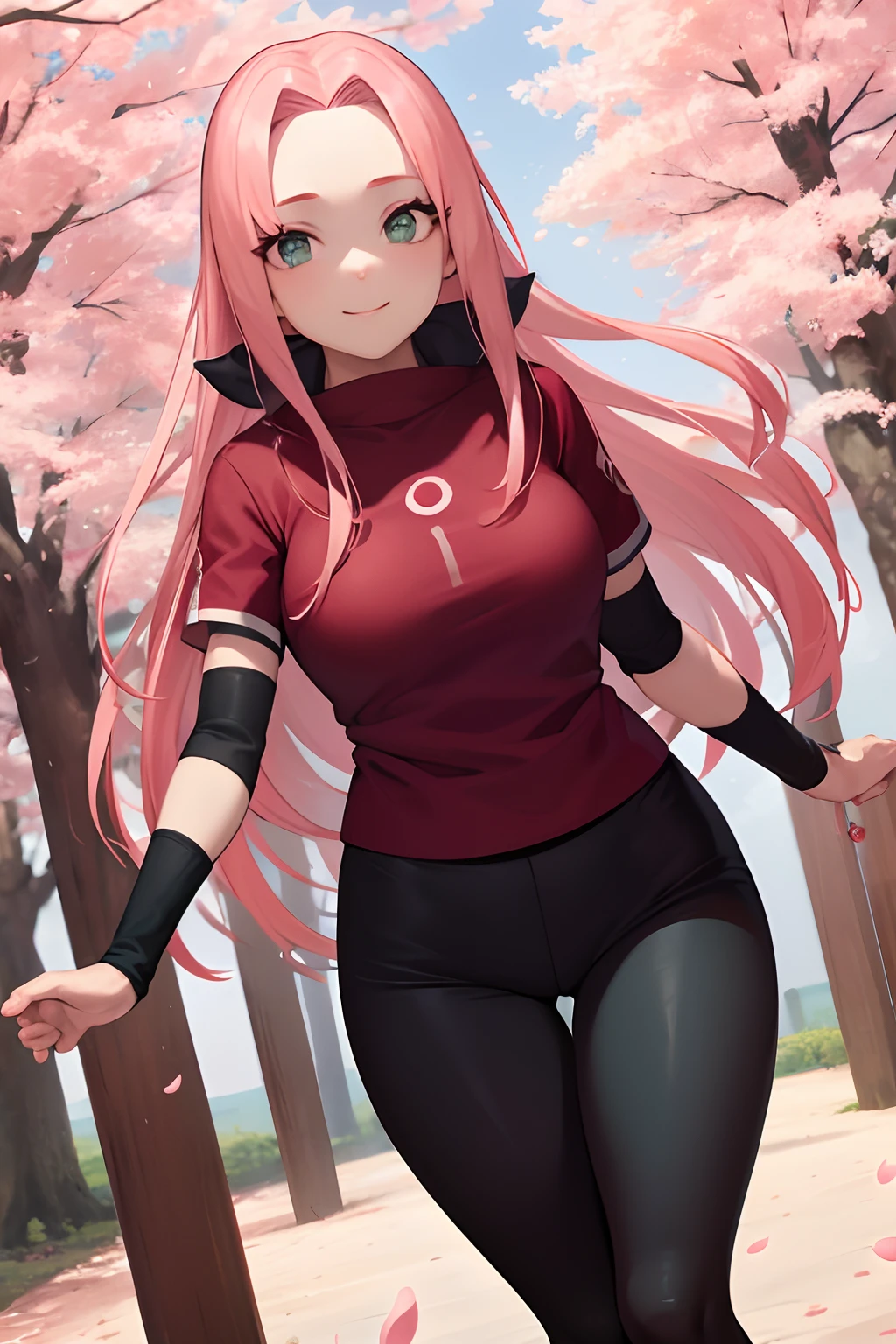 tmasterpiece, Best quality at best, 1girll, Sakura Haruno, medium breasts, smile,with pink hair, long whitr hair, (Green eyeballs:1.4), Forehead protection, the cherry trees,Cherry blossoms flying,Red dress Cleft thighs, short tight pants , outfit body, tight pants, thicc body
