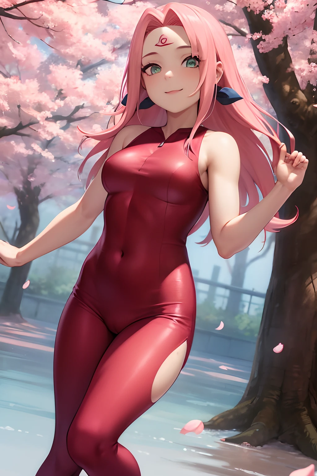 (Superb Pink-Haired Girl:1.2), Stunningly Detailed, Vibrant, Realistic, Photorealistic, (Extremely Detailed Hair:1.5), Pink Ombre Bob Cut, Hair Blowing in the Wind, Shiny Hair, Shiny Skin, (Blush Pink Bodysuit:1.4), Slightly Transparent, Revealing Abdomen, Knee-High Socks, (Pink Converse:1.4), Slightly Crouched Stance, (Dynamic Poses:1.5), Outdoor Scene, Cherry Blossom Trees, Sunlight Filtering Through, (Soft Focus:1
