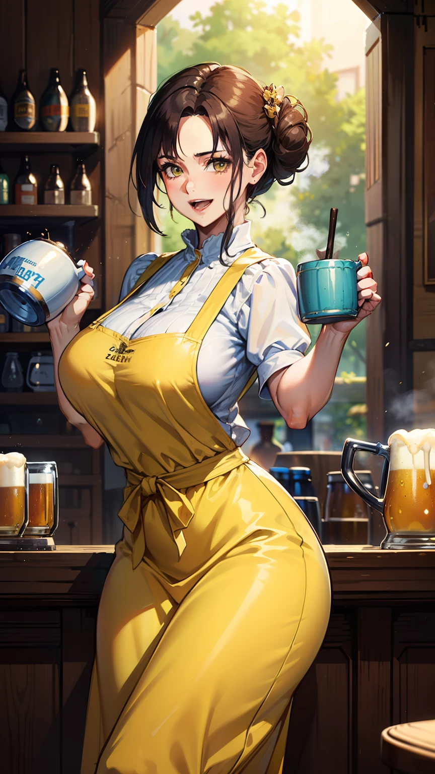 (((((middle age woman))))), masterpiece, ultra detailed, 8K Portrait, Raw photo, woman's portrait photography, Highly detailed face, ((Fantasy)), gentle middle age woman, 35 years old, smile, (((owner's wife))), (((((sexy body))))), laugh heartily, open mouth, healthy charm, standing with hands on hips, (((half updo hair))), ((brunette)), (((light yellow clothes))), maxi skirt, ((waist apron)), (((holding mug in beer))), Midday Sun, Hyper realistic, big breasts, Beautiful breasts, big butt, Long legs, In the medieval tavern, many adventurers, Ambient lighting, Shadow details, Camera focus on face, Light fog