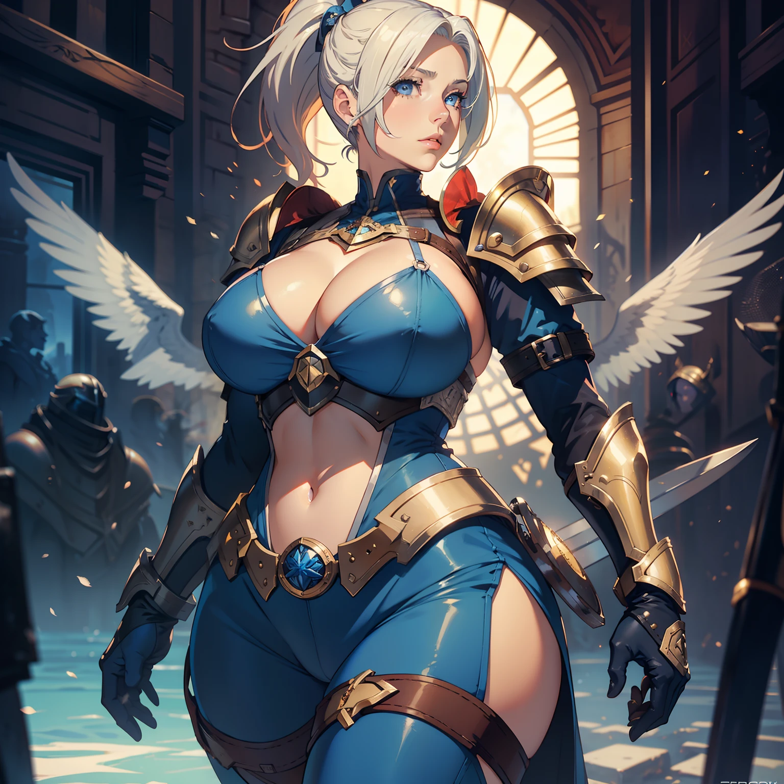 mature woman, perfect blue eyes, Blond hair, long hair with a ponytail with bangs, silver shoulder pads, silver armor, Big breasts, oversized breasts, big sagging breasts, big tits, oversized tits, gigantic cleavage breasts, wearing a leather pants, cuirass, gorget, pauldron, couter, vambrace, gauntlets, cuisses, greaves, sabatons, poleyn, tasses, plackard, rerebrace, breastplace, faulds, scabbard, gardbrace, shoulder armor, HDR, sunlight, volumetric lighting, centered, realistic, best quality, masterpiece, solo