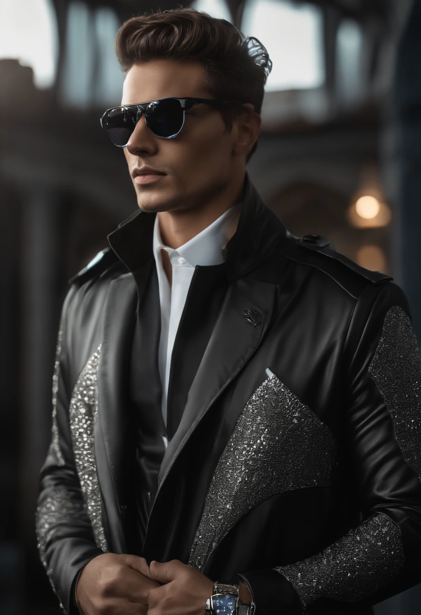 jovem bonito, realista, 8k, vestindo roupas futuristicas cyberpunk. Your body is in a confident pose, with his right hand in his coat pocket. He keeps his expression happy and smiling, while sunglasses reflect ambient light. Cidade futuristica, cyberpunk, Matching the Signature Costume. Subtle touches of silver are used to enhance the details of the costume. The texture of the painting is meticulous, Highlighting the details of the suit and sunglasses. Each element is carefully crafted to convey the unique fusion between the two universes. .((corpo inteiro):1.5). 16k, UHD, best possible quality, ultra detalhado, best possible resolution, Motor Unreal 5, fotografia profissional, Dedos bem detalhados, Very detailed hand, perfeito_Hands