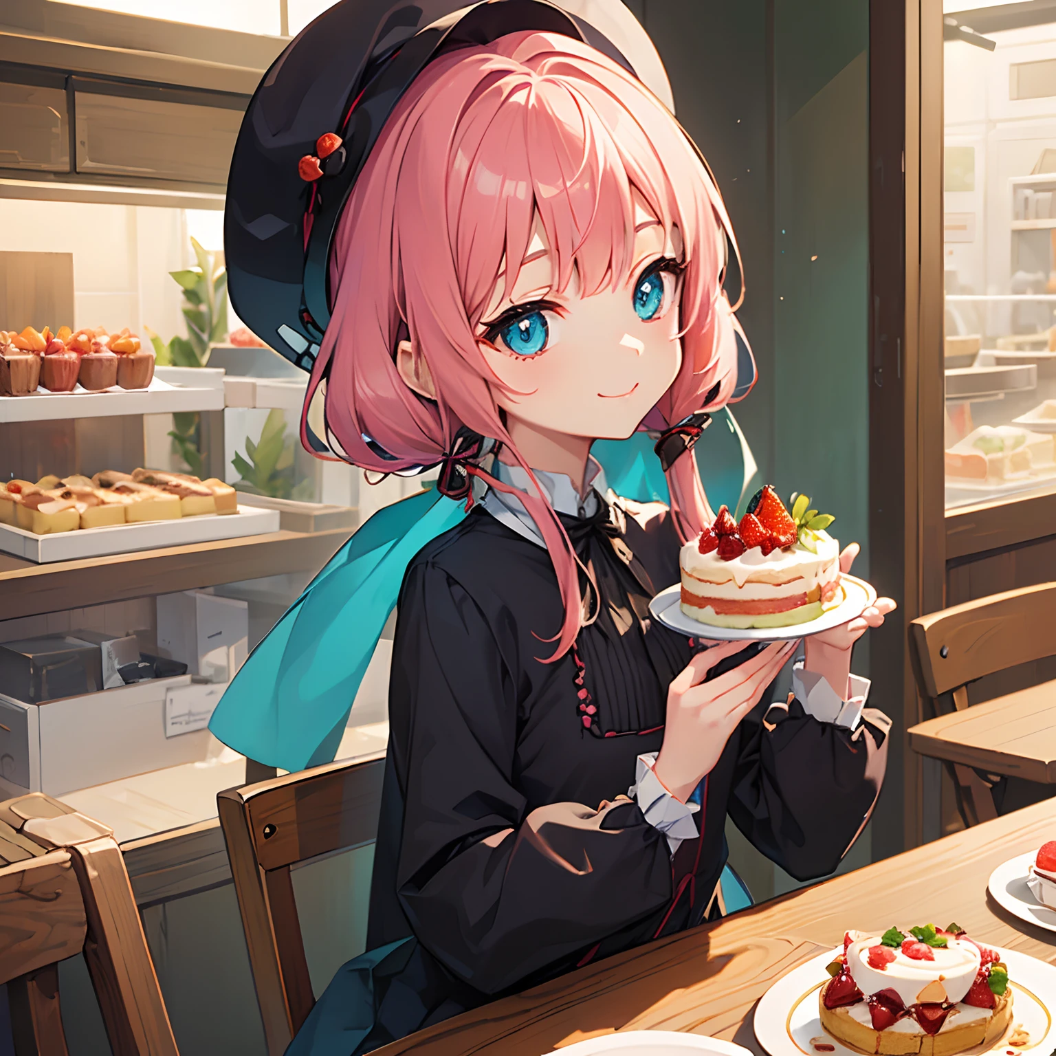 (((Delicat eyes)))、(((zoomed)))、A slight smil、Anime girl sitting at a table with hat and strawberry on her head, shorth hair, Cute anime girl, eating cakes, young anime girl, guweiz, High quality anime art style