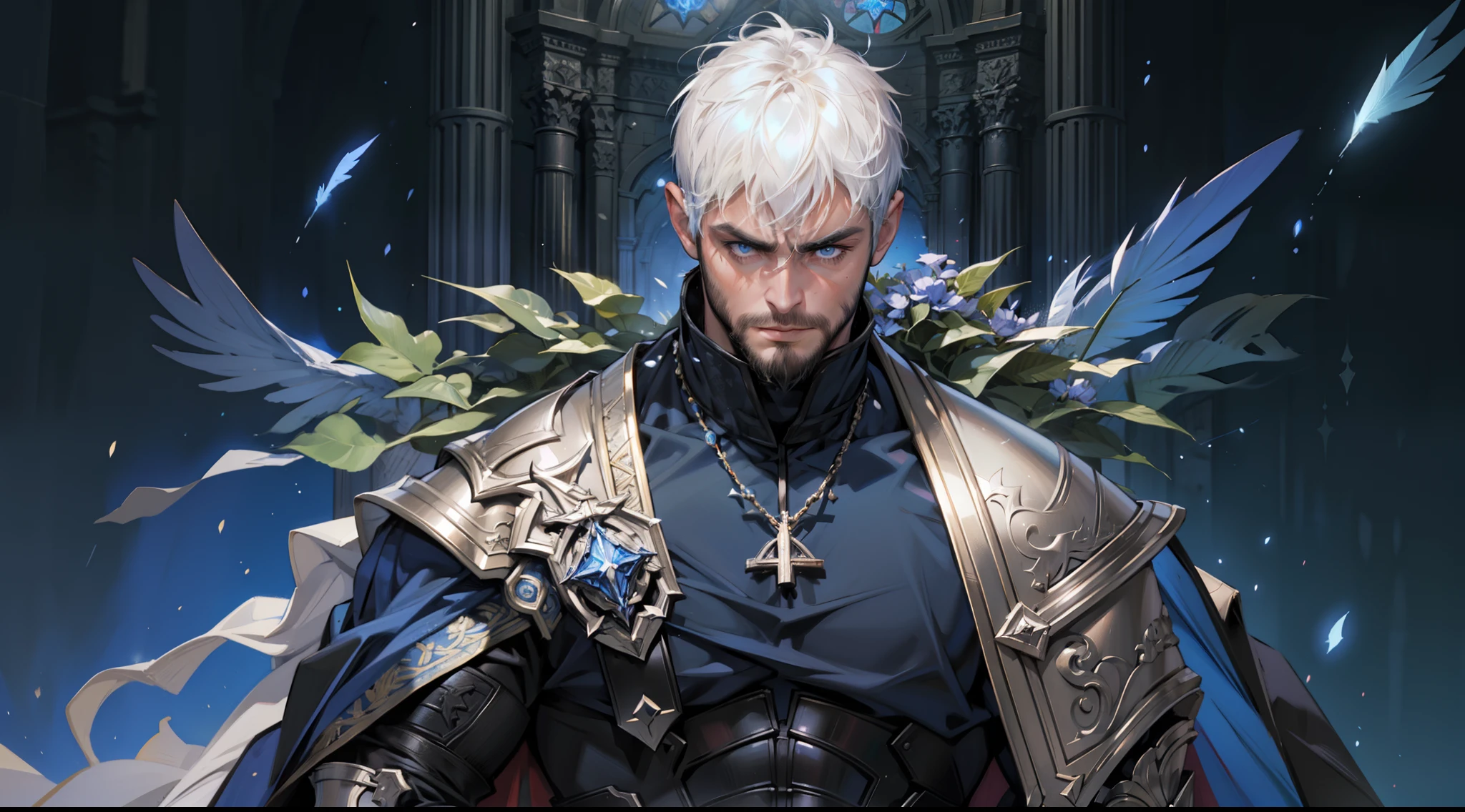Highest quality, masterpiece, male, black super short hair, blue eyes, armor, cape, brightly colored, bright picture, paladin, muscular, short beard, mature, glowing particle special effects, church, national character face, tall, strong, rough face, falling feathers