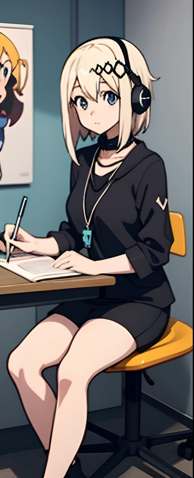 Anime girl sitting at desk writing with headphones on, style of anime4 K, Digital anime illustration, Digital anime art, Anime style. 8K, Anime moe art style, Anime art wallpaper 4 K, Anime art wallpaper 4k, Anime style illustration, Smooth anime CG art, Detailed digital anime art, Anime art wallpaper 8 K, Realistic anime 3 D style