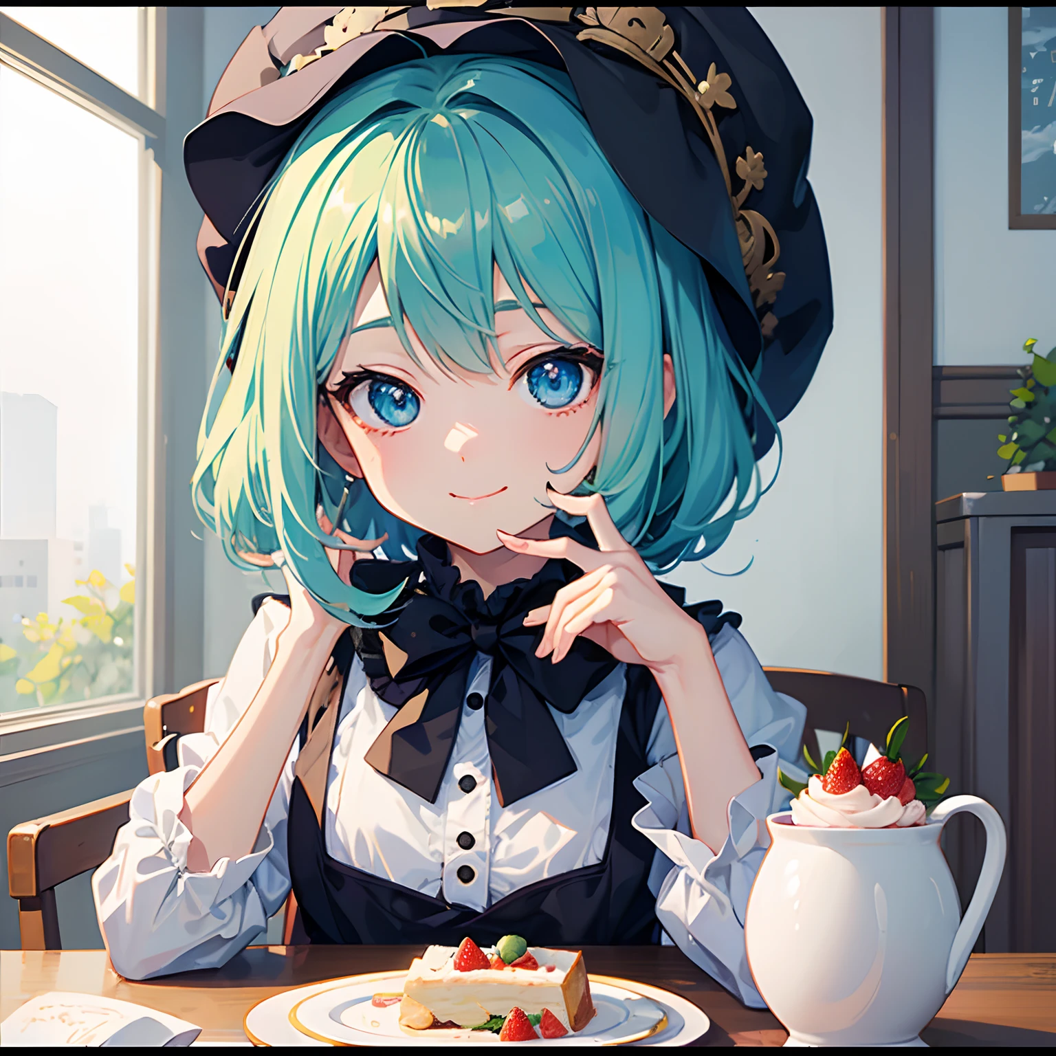 (((Delicat eyes)))、((zoomed))、A slight smil、Anime girl sitting at a table with hat and strawberry on her head, shorth hair, Cute anime girl, eating cakes, young anime girl, guweiz, High quality anime art style