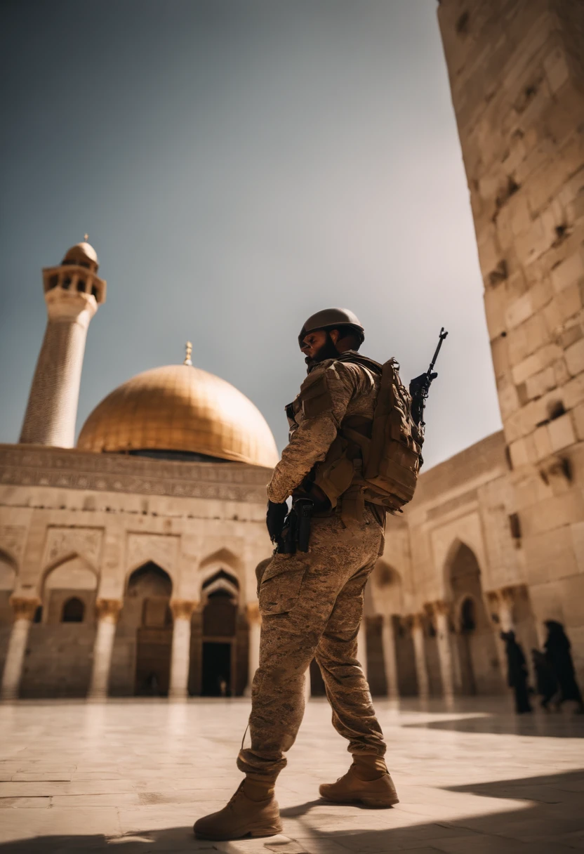 go pro camera view, soldier full armed with guns and tasbeeh wearing ribbon on hand writen islamic qalma e shahadah parachuting down to masjid al aqsa