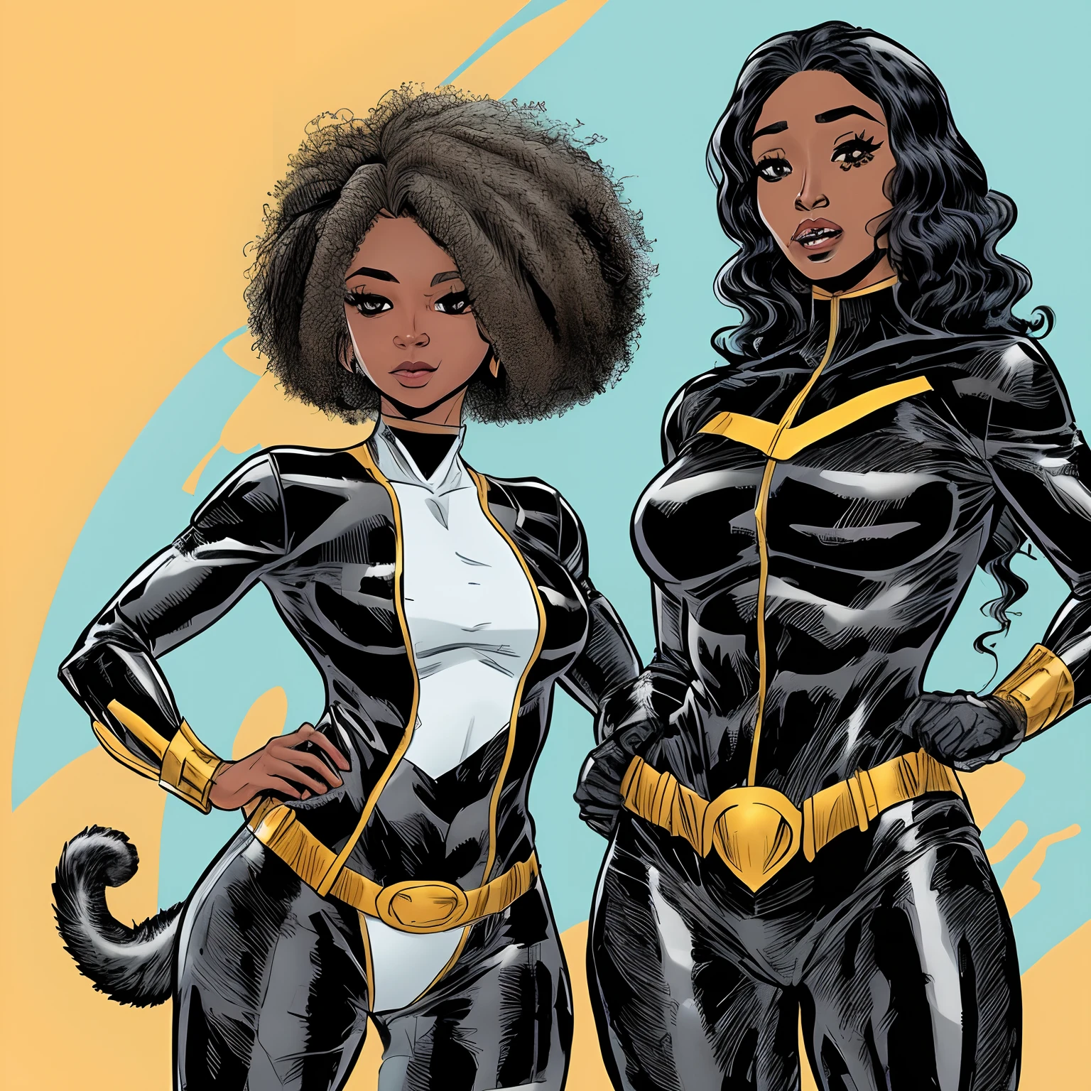 Afro-Latina women with long curly 3c hair down to her waist comic-hero with black leather suit and panther tail and ears