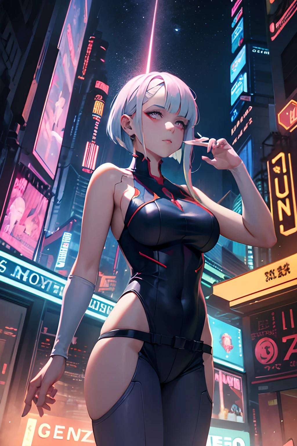 "Cyberpunk-inspired immersion, A world of neon lights, Be mesmerized by the surreal spectacle of planets dominating the skies, Full of captivating digital artistry." Lucy, Cyberpunk edgerunners character