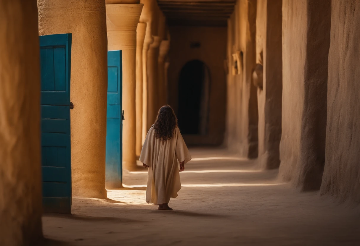 imagem de Jesus, as a child, de pele morena . Walking around the city of Egypt in front of the cameras, entre pessoas .4k, Altamente detalhado e realista.