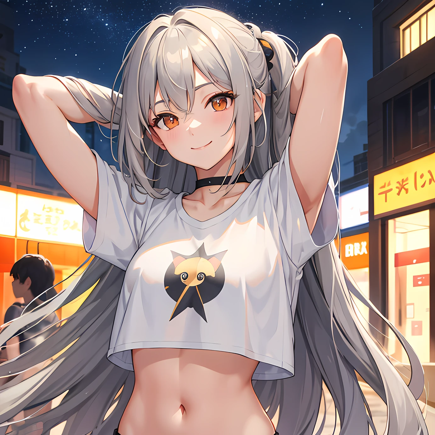 masterpiece, best quality, 1 girl, gray hair, orange eyes, plain t shirt, crop top, smile, street, night, arms behind head, night, starry sky, city