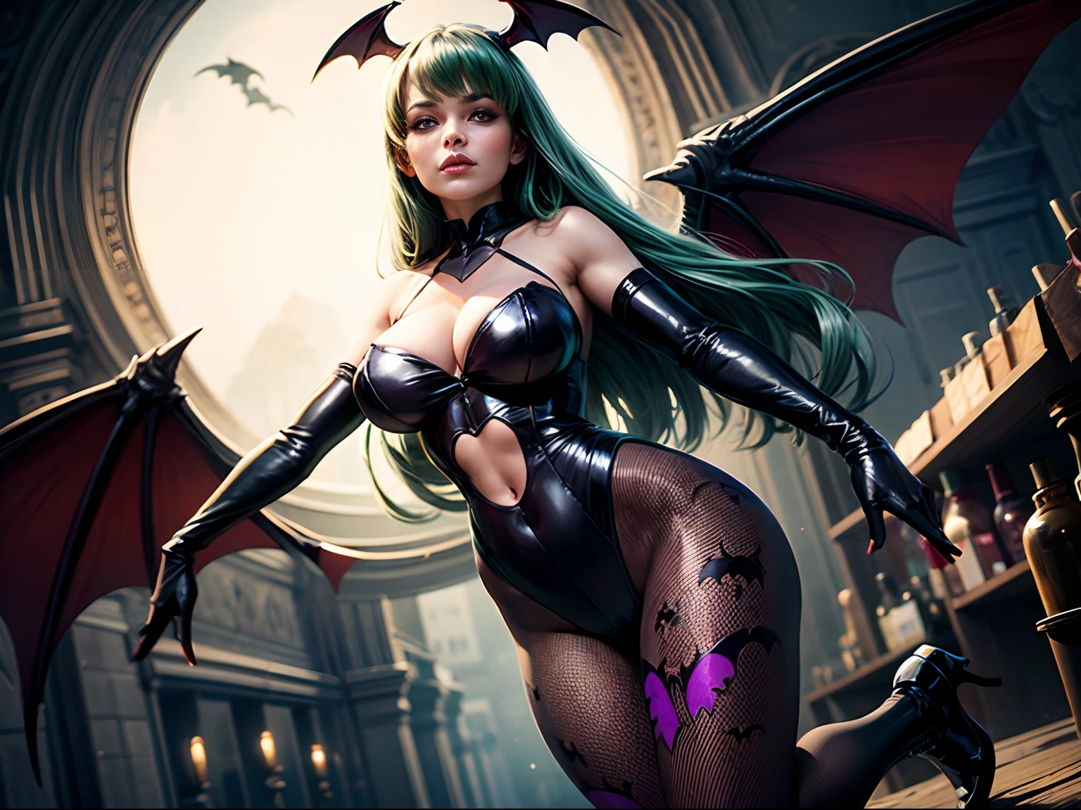 best quality, masterpeace, 1girl, flying on a street, sunny day, large breast,morrigan_aensland_aiwaifu,green_eyes,green_hair,breasts,bangs,demon_girl,head_wings,long_hair,wings,animal_print,pantyhose,bat_print,bat_wings,print_legwear,bridal_gauntlets,leotard,bare_shoulders,cleavage,large_breasts,black_wings,orange_gloves,thong_leotard,black_footwear,bat print,clothing_cutout,purple_wings,heart_cutout,low_wings,black_leotard,bat,highleg_leotard,purple_legwear,highleg,demon_wings,feather_trim,gloves,koakuma,cutout_above_navel,thighs,collarbone,