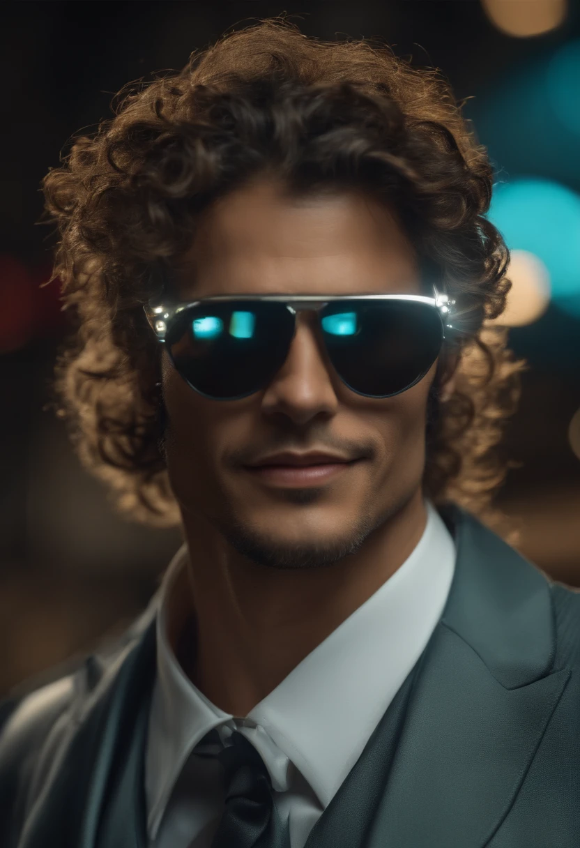 jovem bonito, realista, 8k, vestindo roupas futuristicas cyberpunk. Your body is in a confident pose, with his right hand in his coat pocket, with cell phone on hand. He keeps his expression happy and smiling, while sunglasses reflect ambient light. Cidade futuristica, cyberpunk, Matching the Signature Costume. Subtle touches of silver are used to enhance the details of the costume. The texture of the paint is meticulous and sunglasses. Each element is carefully crafted to convey the unique fusion between the two universes. .((corpo inteiro):1.5). 16k, UHD, best possible quality, ultra detalhado, best possible resolution, Motor Unreal 5, fotografia profissional, Dedos bem detalhados, Very detailed hand, perfeito_Hands