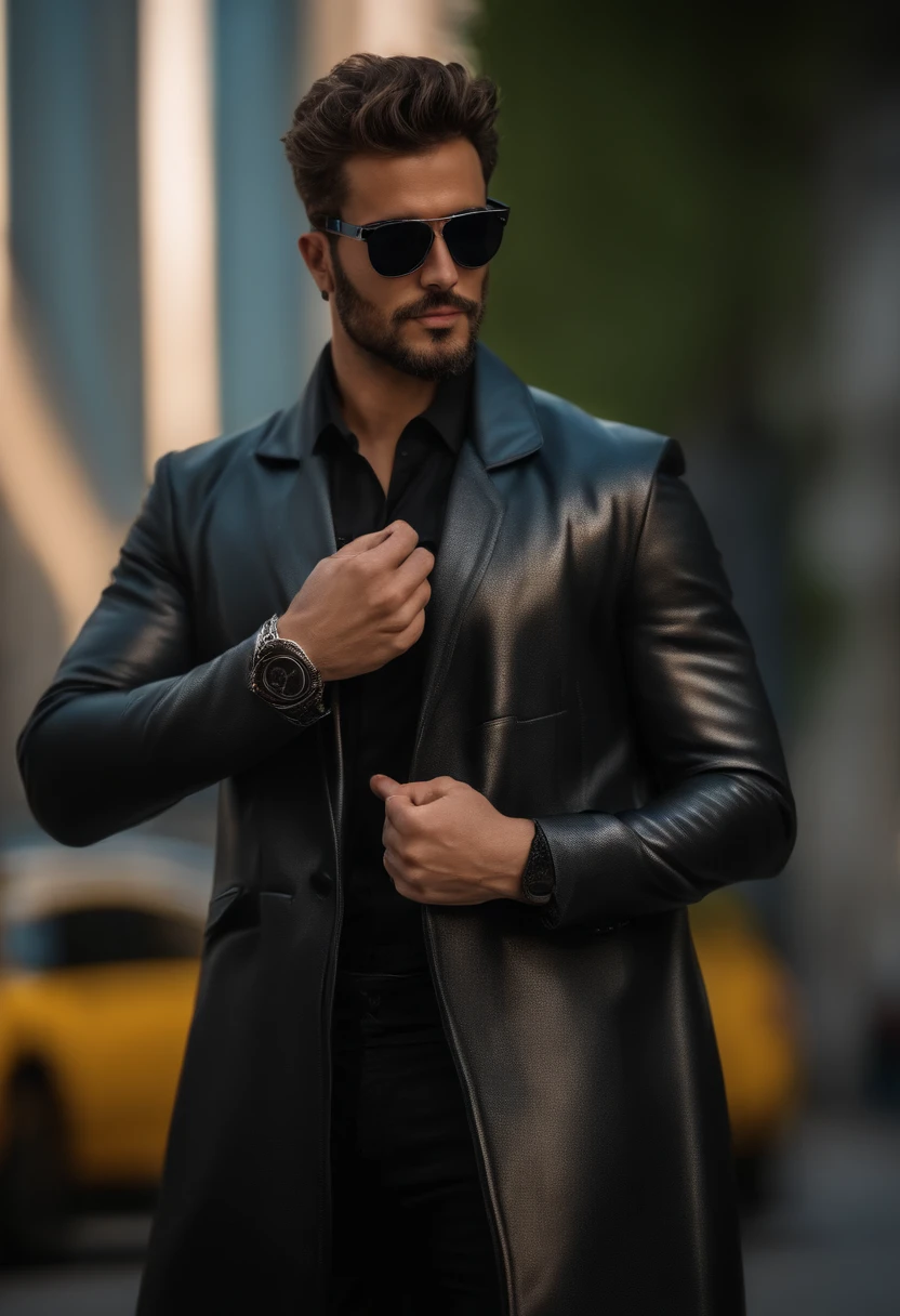 jovem bonito, realista, 8k, vestindo roupas futuristicas cyberpunk. Your body is in a confident pose, with his right hand in his coat pocket, with cell phone on hand. He keeps his expression happy and smiling, while sunglasses reflect ambient light. Cidade futuristica, cyberpunk, Matching the Signature Costume. Subtle touches of silver are used to enhance the details of the costume. The texture of the paint is meticulous and sunglasses. Each element is carefully crafted to convey the unique fusion between the two universes. .((corpo inteiro):1.5). 16k, UHD, best possible quality, ultra detalhado, best possible resolution, Motor Unreal 5, fotografia profissional, Dedos bem detalhados, Very detailed hand, perfeito_Hands
