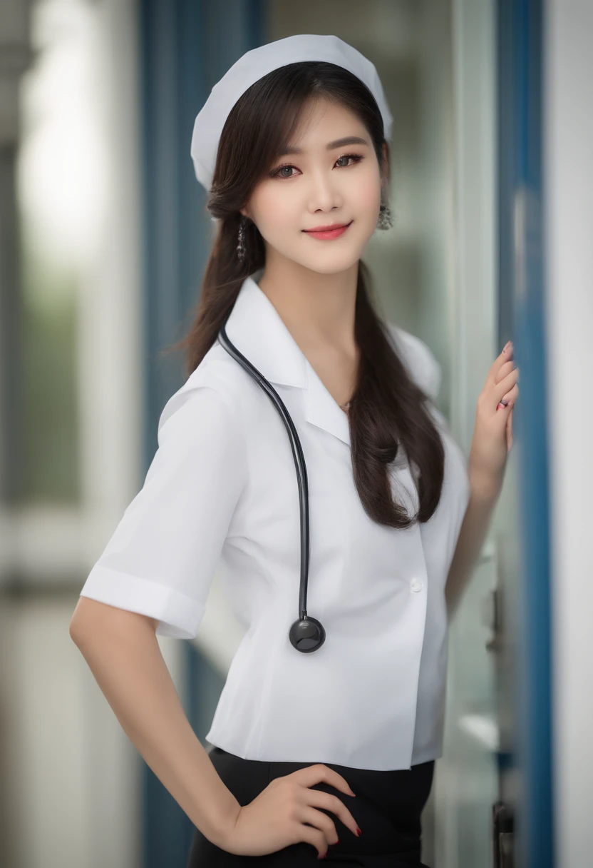 Delicate, ((Upper body only)), masutepiece, Beautiful detailed, colourfull, Finely detailed, Intricate details,Detailed lips,Elegance,,(1 girl:1.1),Solo, (Beautiful 20 year old sexy girl:1.2), Instagram, (Kpop Idol, Korean mixed), (Black hair+Tied up:1.3), (50mm Sigma f/1.4 ZEISS lens, F1.4, 1/800s, ISO 100, fotograpy:1.1), (Photorealistic:0.8),(Hospital:1.2), Sunshine,Standing,(Sexy Nurse, Nurse Cap :1.2),Happy smile,earrings,