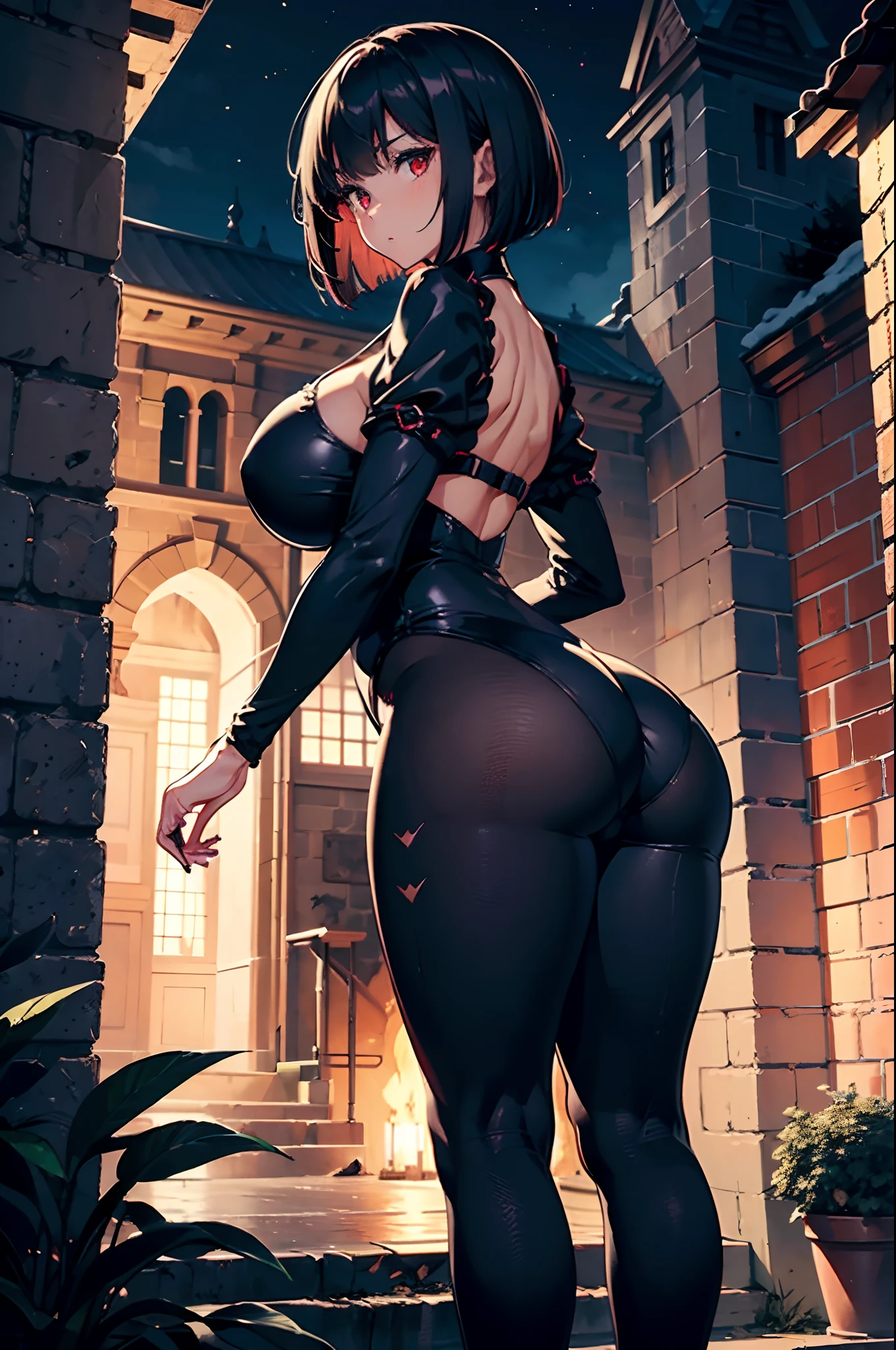 18-year-old female, an alluring body, huge breast and huge ass, bob black haircut, white-skinned, red eyes, wearing a plain black majestic chemise, standing in front of a medieval regal school front, cold expression on hes face, night time, wearing v lined 1 piece spandex.