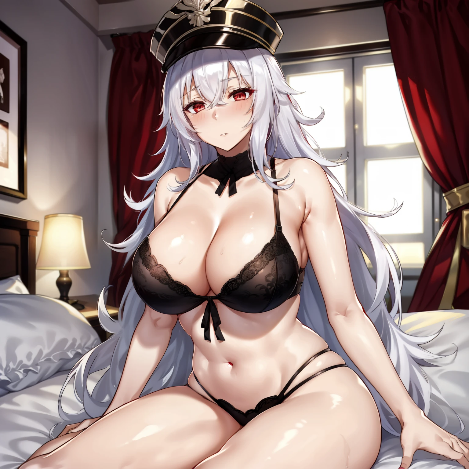 1girl,big breasts,hotel room,bed,(8k),
,detailed face,white hair,red eyes,long hair,embarassed,shy,high_res, high_definition,battlefield,sexy pose,black sexy lingerie,military hat,