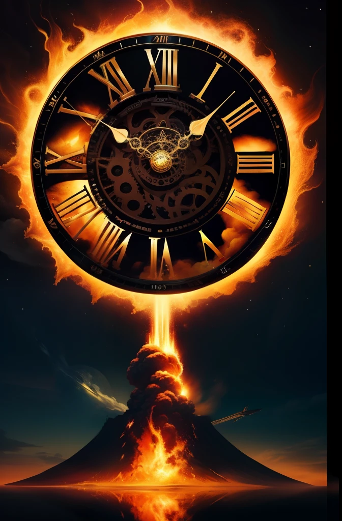 Create a surreal cover image for a magazine with a clock with its gears, ambientado em um mundo de fantasia, including an erupting volcano and flying dragons. A obra deve ser inspirada no estilo do artista Salvador Dali, known for his surreal and dreamlike creations.