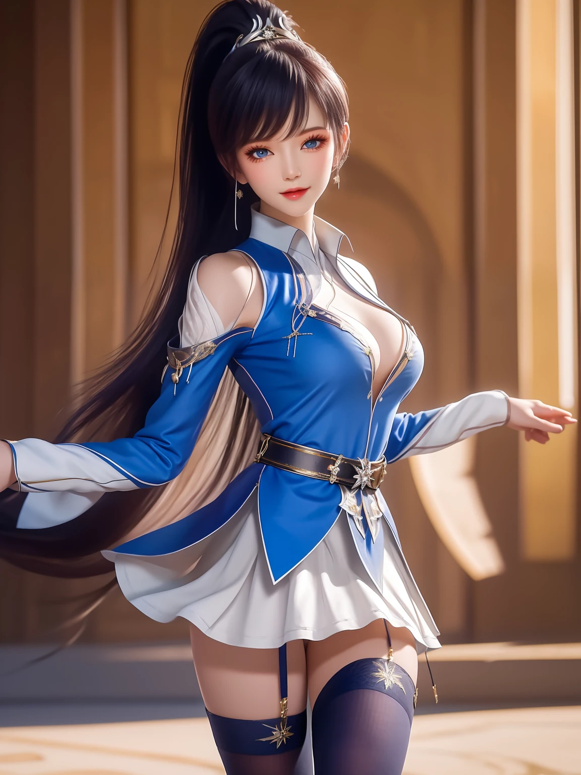 1girl, long hair, dress,hair ornament, looking at viewer, mature female, good morning, thighhighs, clothing cutout, bangs, high collar,white skirt,ponytail, cowboy shot, long sleeves, belt,blue eyes,makeup, blush,Beautiful woman, large breasts detailed body, with sexy look