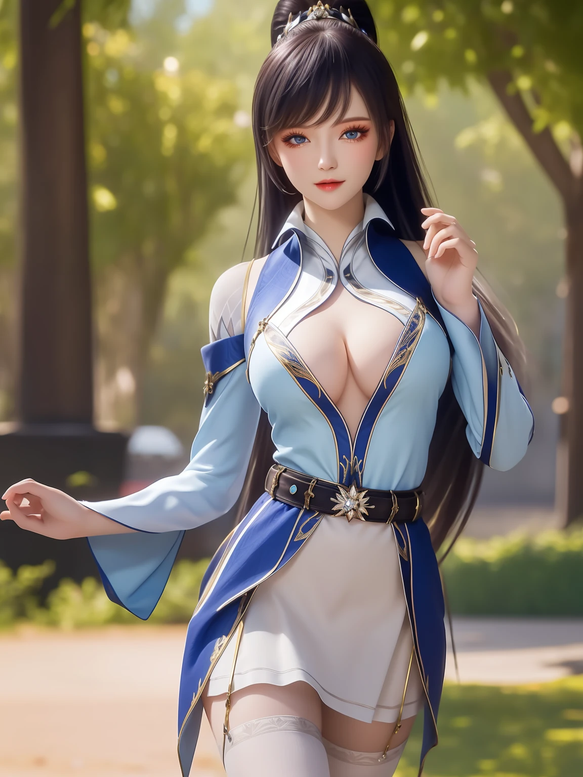 1girl, long hair, dress,hair ornament, looking at viewer, mature female, good morning, thighhighs, clothing cutout, bangs, high collar,white skirt,ponytail, cowboy shot, long sleeves, belt,blue eyes,makeup, blush,Beautiful woman, large breasts detailed body, with sexy look