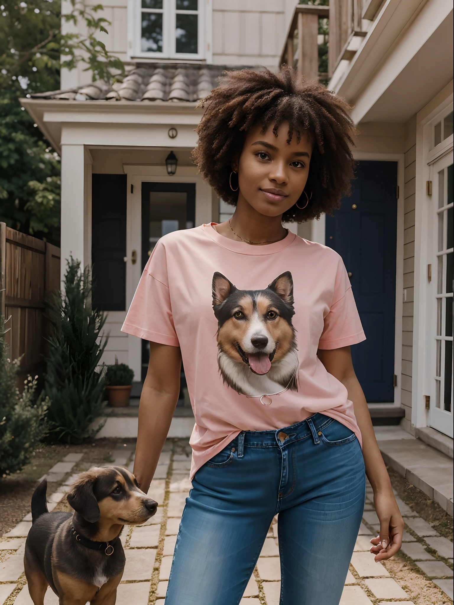 corps entier , beau visage, Cheveux longs et lisse,Warm light and clear complexion, afro-american, Detailed, ultra quality, poitrine claire, mignonne jeans et t-shirt rose XXL debout avec un chien, Devant sa maison