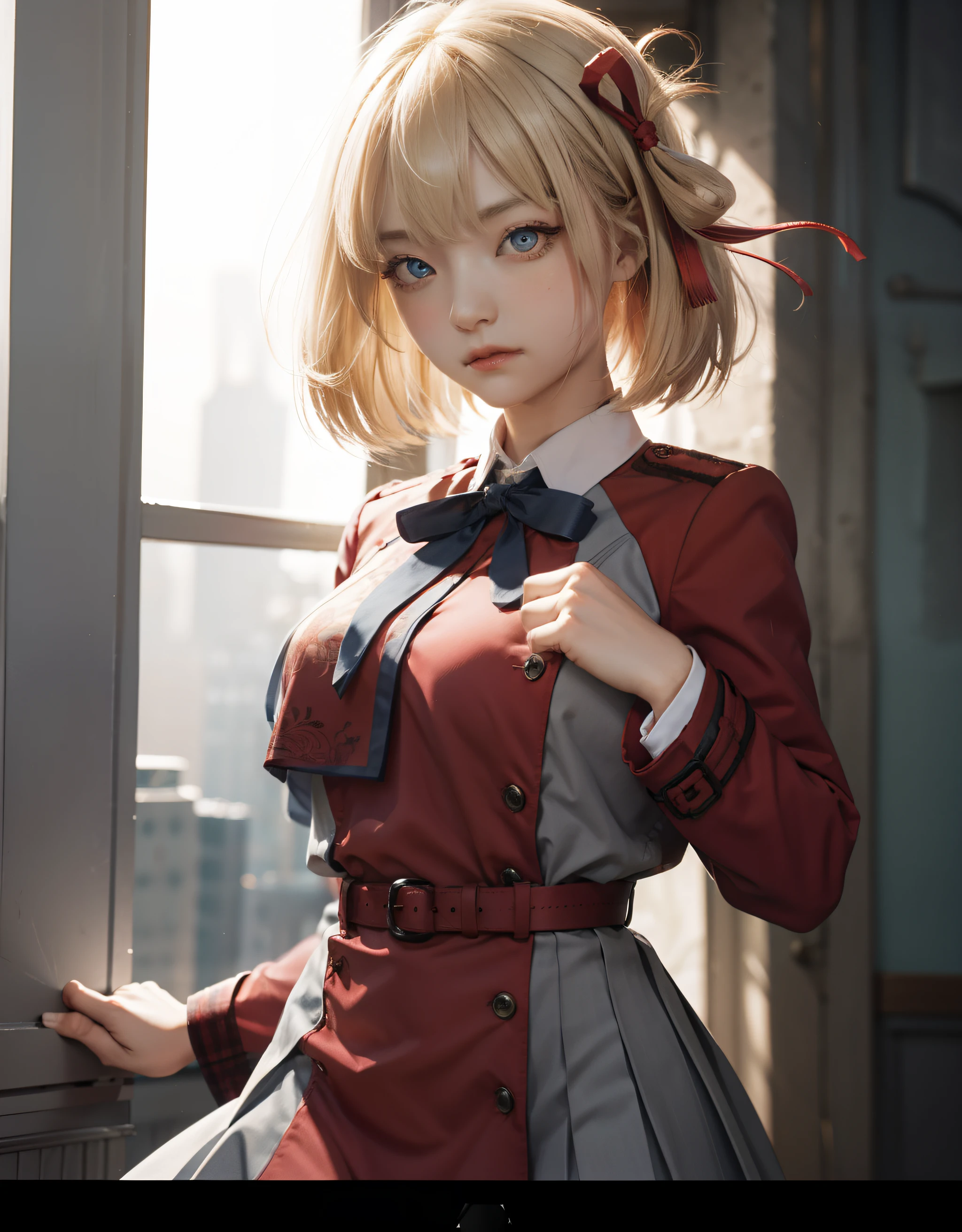 chisatonishikigi, nishikigi chisato, short hair, bangs, blonde hair, (red eyes:1.5), hair ribbon, one side up, bob cut,
BREAK shirt, long sleeves, dress, ribbon, white shirt, collared shirt, belt, neck ribbon, red dress, blue ribbon, pleated dress, grey dress, two-tone dress, red belt, lycoris uniform,,
BREAK outdoors, city,
BREAK looking at viewer, BREAK (masterpiece:1.2), best quality, high resolution, unity 8k wallpaper, (illustration:0.8), (beautiful detailed eyes:1.6), extremely detailed face, perfect lighting, extremely detailed CG, (perfect hands, perfect anatomy),