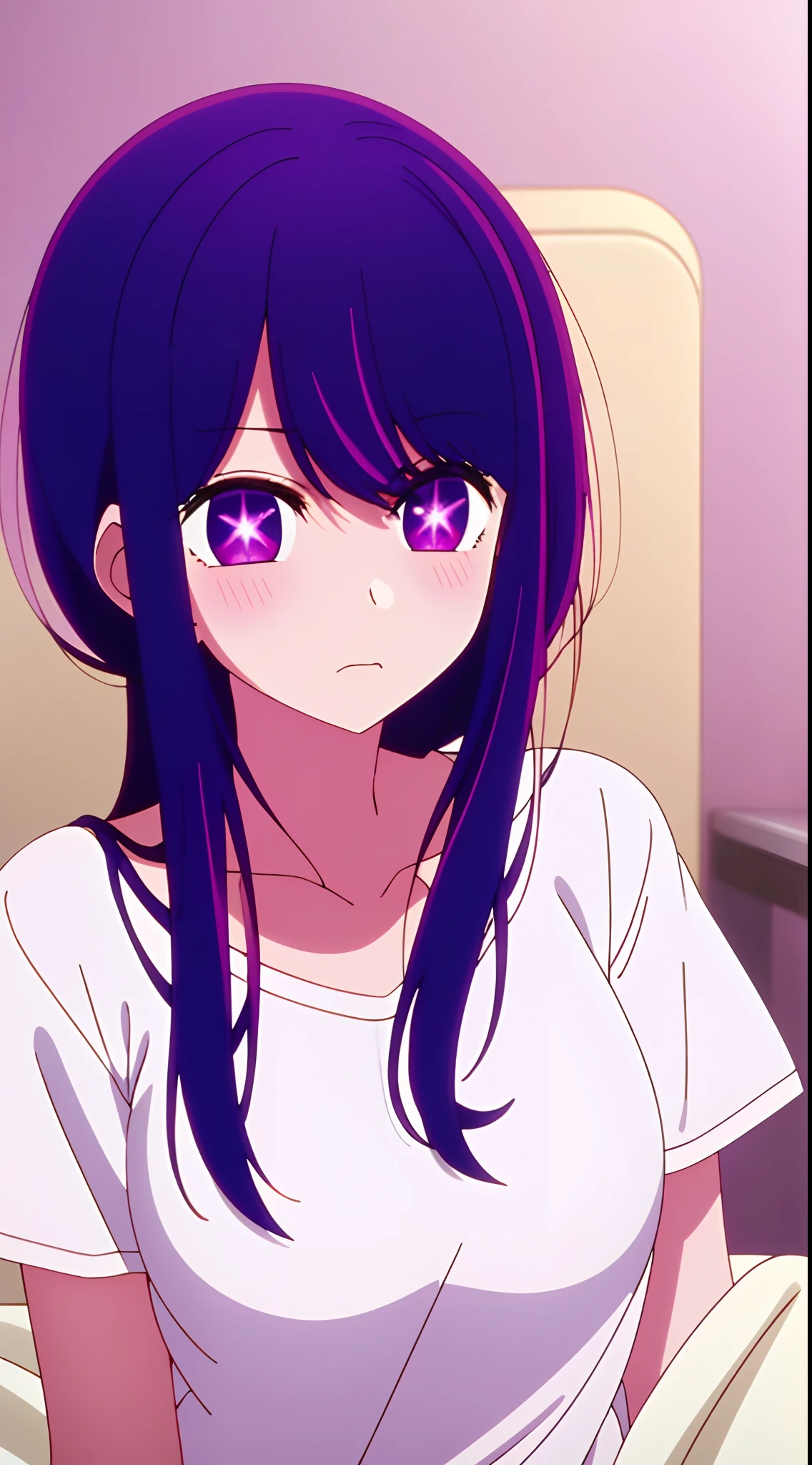 in bed, purple color hair and  purple eyes, white shirt and no bra, anime visual of a cute girl, screenshot from the anime film, & her expression is solemn, in the anime film, in an anime, anime visual of a young woman, she has a cute expressive face, still from anime, big breast, red cheek, lustful face, fair skin