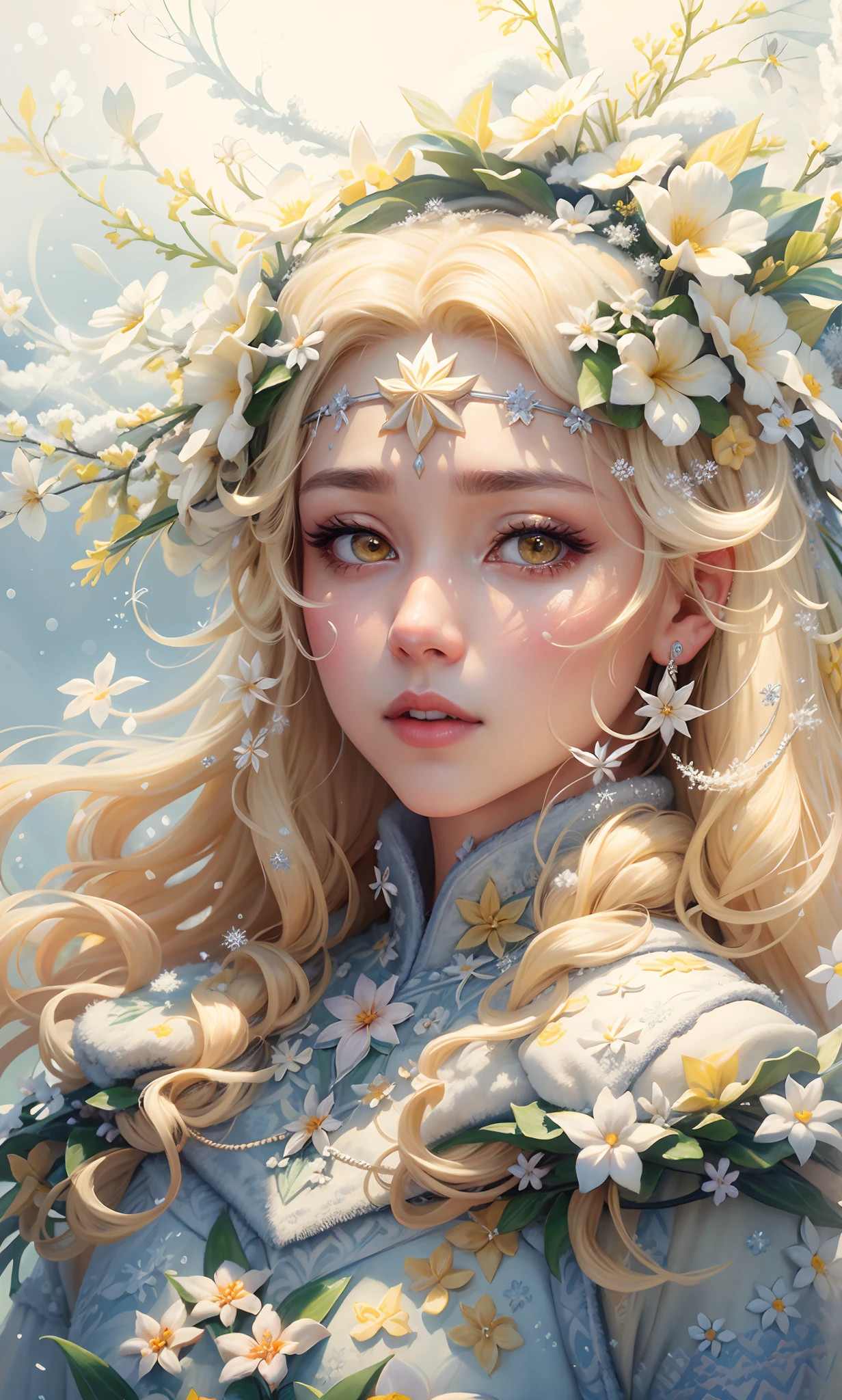 Beautiful frost frost yellow winter queen soft Hawaiian flowers hyperdetailed portrait 8k Claude Monet