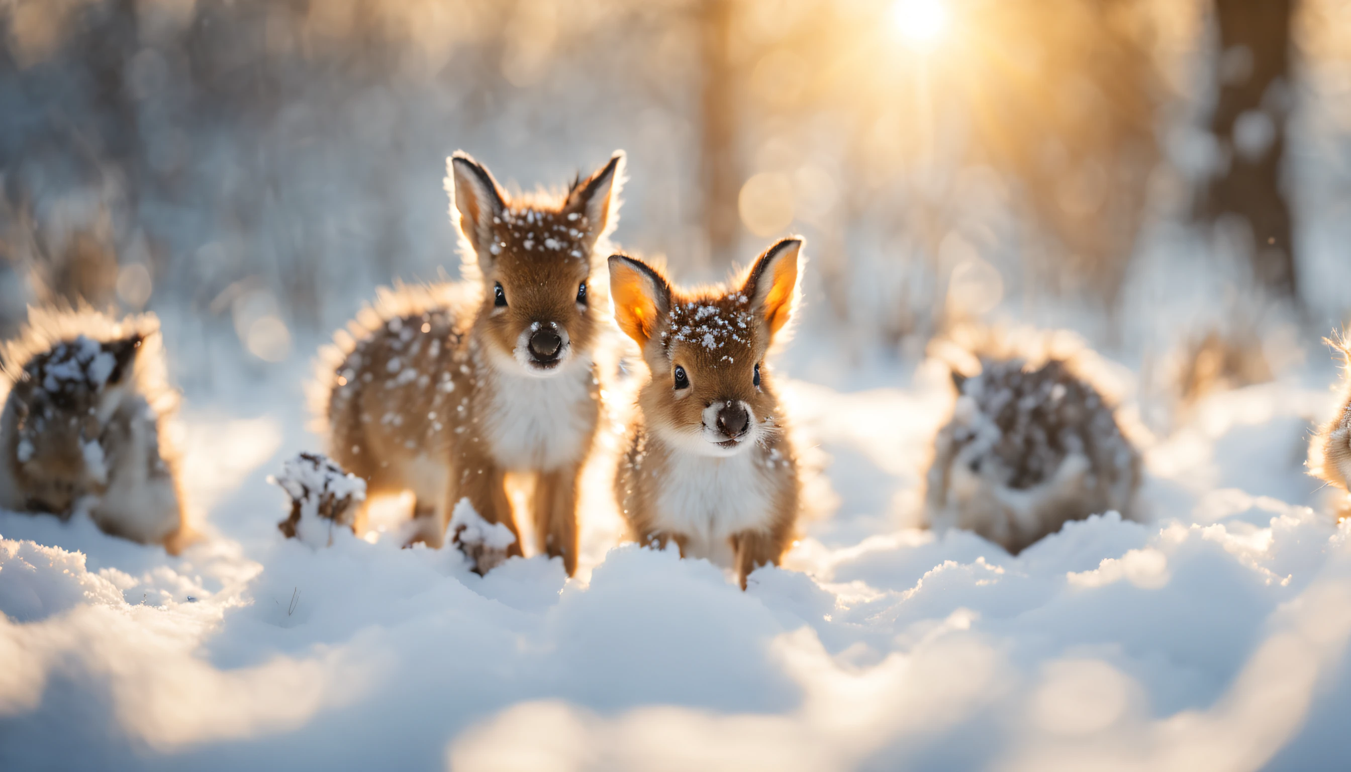 The cute animals playfully in the winter garden full of fallen snow,soft winter sunlight, winter sunlights, winter light, winter sunrise cold light
