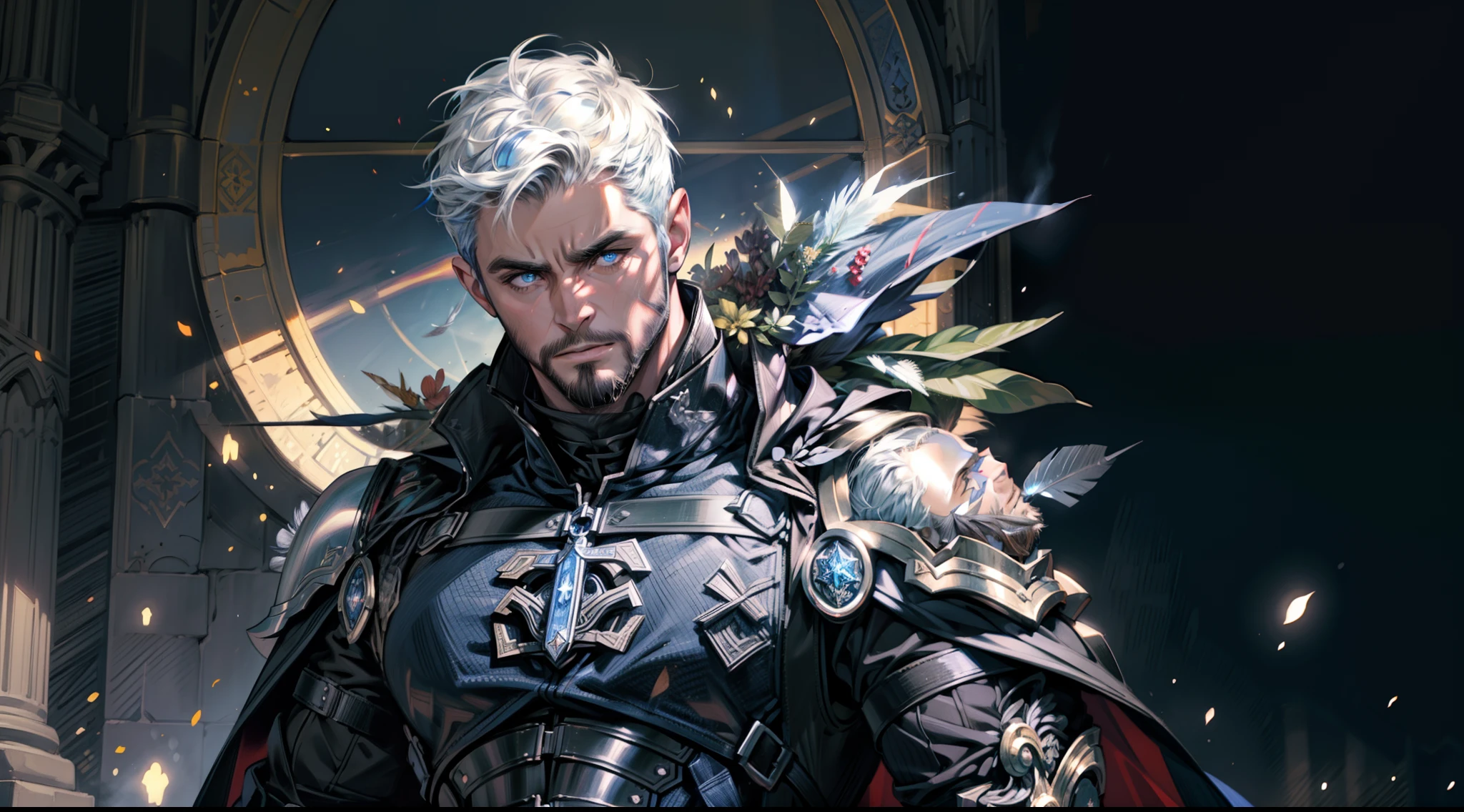 Highest quality, masterpiece, male, black super short hair, blue eyes, armor, cape, brightly colored, bright picture, paladin, muscular, short beard, mature, glowing particle special effects, church, national character face, tall, strong, rough face, falling feathers