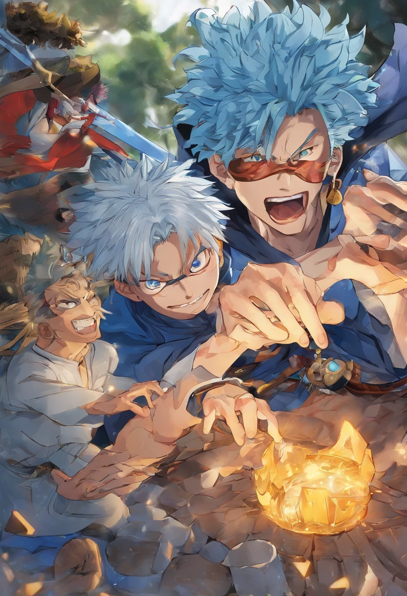 Satoru gojo, Jujutsu Kaisen, Meguru Bachira, fechadura azul

(best quality,4k,8k,alto,master part:1.2), ultra-detalhado, (Realistic,fotorrealista,photo-realistic:1.37), HDR, UHD, studio lighting, Tonalidade ultrafina, foco nítido, Physically-based rendering, extreme detail description, profissional, vivid colors, Bokeh, [sonho]

In this Stable Transmission prompt, I'd like you to generate details, arte de alta qualidade inspirada nos temas de Satoru gojo de Jujutsu Kaisen e Blue-Locked Meguru Bachira. The art should capture the essence of these characters while showcasing their unique personalities and abilities.

O foco principal da obra deve ser Satoru gojo e Meguru Bachira. Satoru gojo is a powerful sorcerer known for his exceptional combat skills and signature blue eyes. Certifique-se de que seus olhos sejam descritos como "belos olhos detalhados" to maintain its distinctive appearance. Meguru Bachira, On the other hand, He's a skilled player, com um olhar determinado e intenso. Destaque seus olhos como "olhos expressivos e determinados" To bring out your character.

Artwork must be created using a combination of media, such as digital illustration and realistic painting, to achieve a visually stunning and captivating effect. Using HDR and UHD techniques will improve the overall quality and clarity of the image.

I want the artwork to have a dreamlike quality, where the colors and details are enhanced to create a captivating atmosphere. The lighting should be carefully crafted with studio lighting techniques to highlight the characteristics of the characters and create depth in the scene.

Por favor, certifique-se de incluir detalhes ultrafinos nesta obra de arte, like the texture of Satoru gojo's iconic blindfold and Meguru Bachira's football outfit. These details will add an extra layer of realism and depth to the image.

Lastly, A obra de arte deve exalar um sentimento profissional.