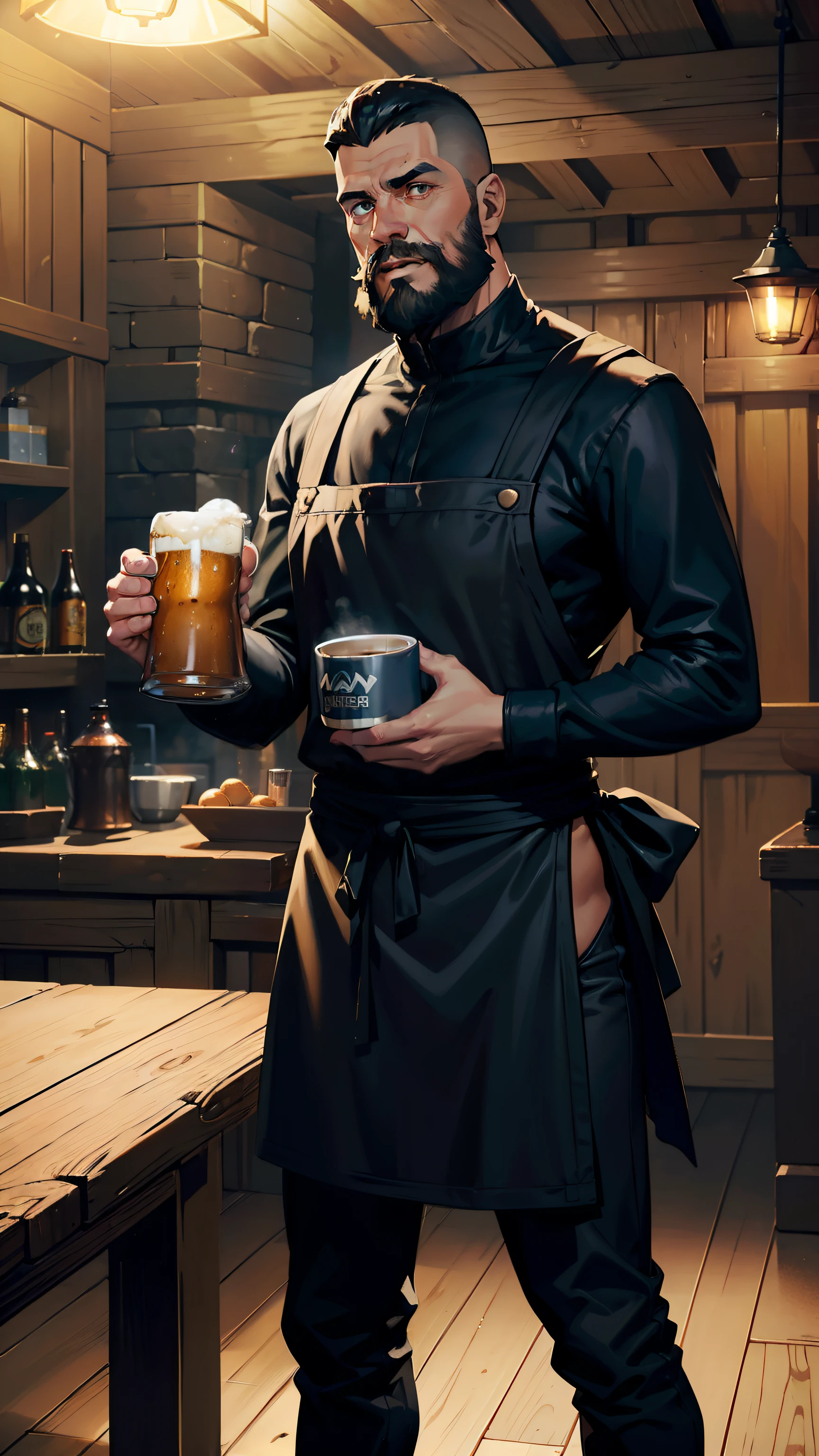 (((((male))))), masterpiece, ultra detailed, 8K Portrait, Raw photo, man's portrait photography, full body, Highly detailed face, ((Fantasy)), gentle middle age man, 47 years old, 1 man, (((owner))), laugh heartily, open mouth, standing with hands on hips, (((Crew cut hair))), beard, (((black clothes))), ((waist apron)), ((holding mug in beer)), Midday Sun, Hyper realistic, Long legs, In the medieval tavern, many adventurers, Ambient lighting, Shadow details , Camera focus on face, Light fog