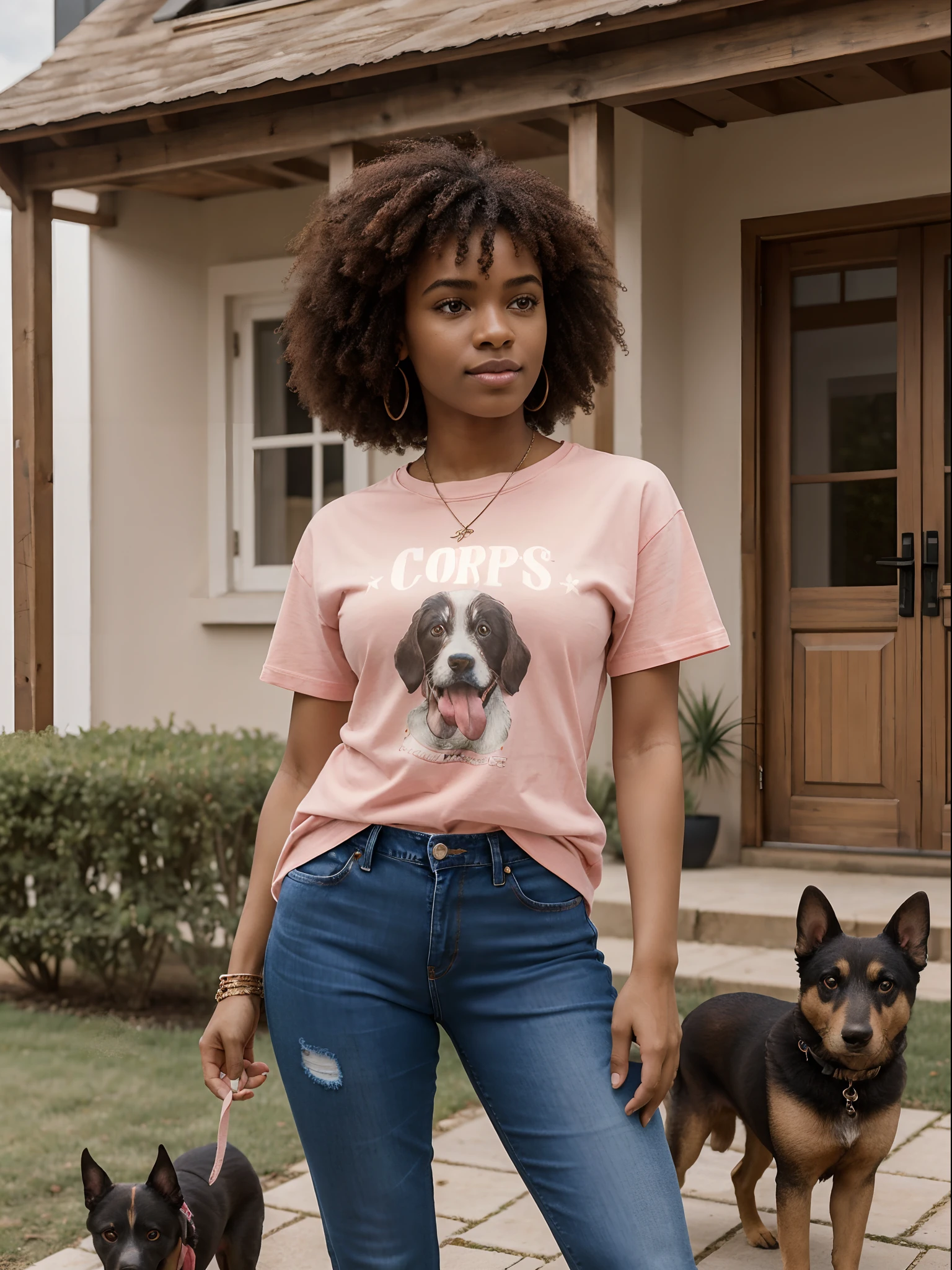 corps entier , beau visage, Cheveux longs et lisse,Warm light and clear complexion, afro-american, Detailed, ultra quality, poitrine claire, mignonne jeans et t-shirt rose XXL debout avec un chien, Devant sa maison