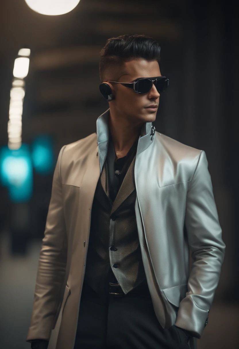 jovem bonito, realista, 8k, vestindo roupas futuristicas cyberpunk. Your body is in a confident pose, with his right hand in his coat pocket, with cell phone on hand. He keeps his expression happy and smiling, while sunglasses reflect ambient light. Cidade futuristica, cyberpunk, Matching the Signature Costume. Subtle touches of silver are used to enhance the details of the costume. The texture of the paint is meticulous and sunglasses. Cidade Futurista Cyberpunk. .((corpo inteiro):1.5). 16k, UHD, best possible quality, ultra detalhado, best possible resolution, Motor Unreal 5, fotografia profissional, Dedos bem detalhados, Very detailed hand, perfeito_Hands