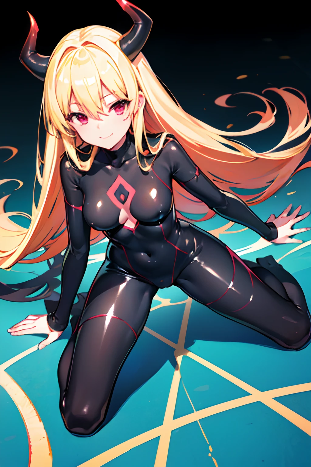 Carefully draw the face 5 girl High-quality faces in anime style a blond Shiny black full body suit Red lines all over the body seductiv a smile succubus sprawl