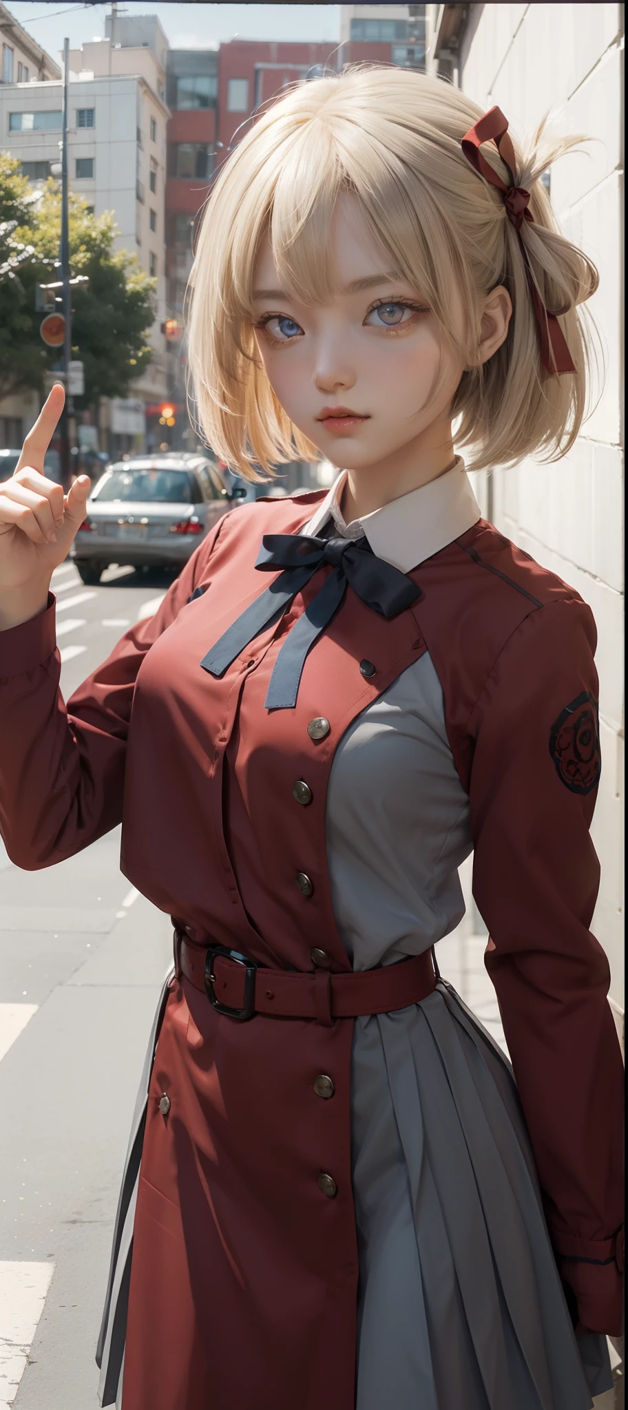 chisatonishikigi, nishikigi chisato, short hair, bangs, blonde hair, (red eyes:1.5), hair ribbon, one side up, bob cut,
BREAK shirt, long sleeves, dress, ribbon, white shirt, collared shirt, belt, neck ribbon, red dress, blue ribbon, pleated dress, grey dress, two-tone dress, red belt, lycoris uniform,,
BREAK outdoors, city,
BREAK looking at viewer, BREAK (masterpiece:1.2), best quality, high resolution, unity 8k wallpaper, (illustration:0.8), (beautiful detailed eyes:1.6), extremely detailed face, perfect lighting, extremely detailed CG, (perfect hands, perfect anatomy),