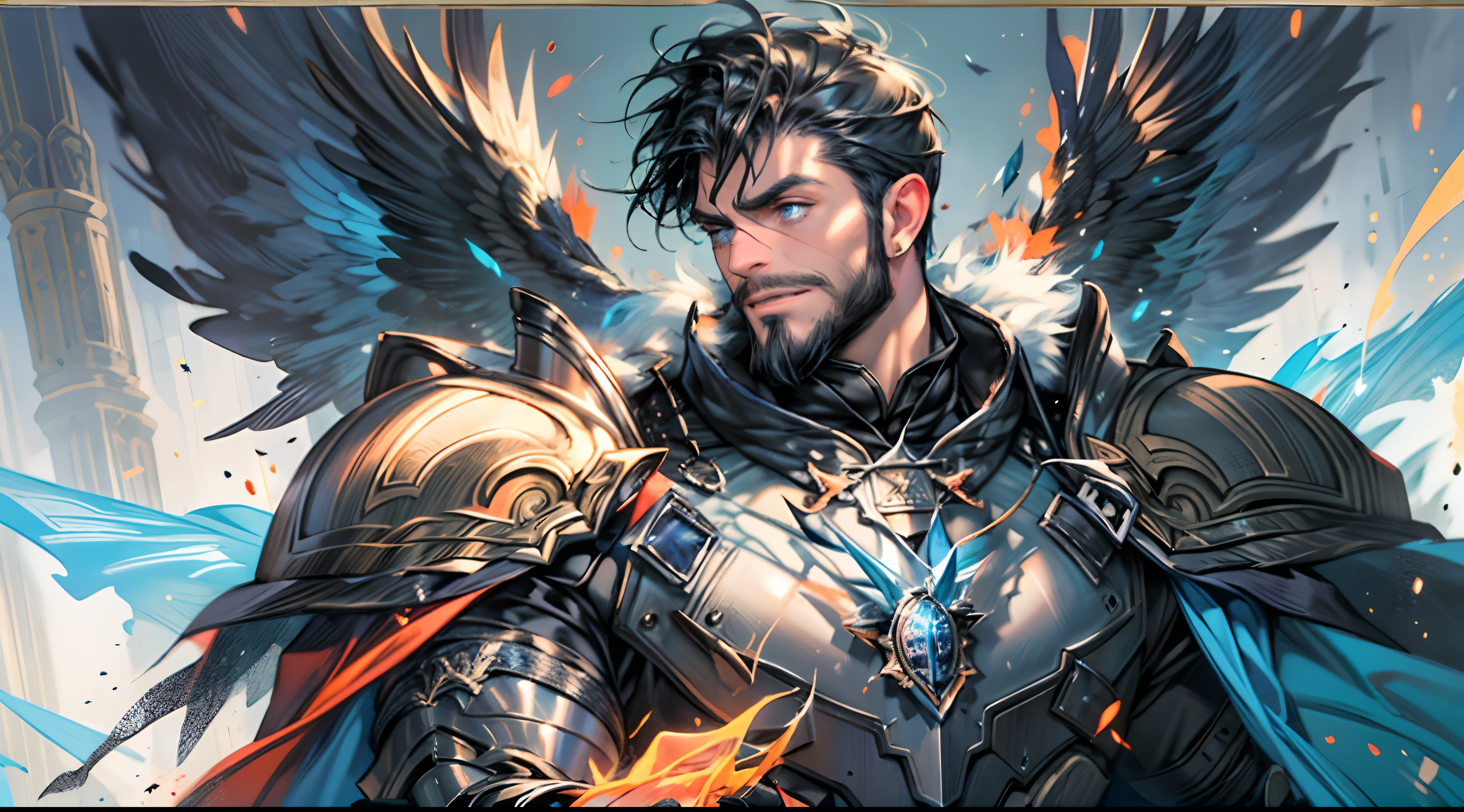 Highest quality, masterpiece, male, black super short hair, blue eyes, armor, cape, brightly colored, bright picture, paladin, muscular, short beard, mature, glowing particle special effects, church, national character face, tall, strong, rough face, falling feathers