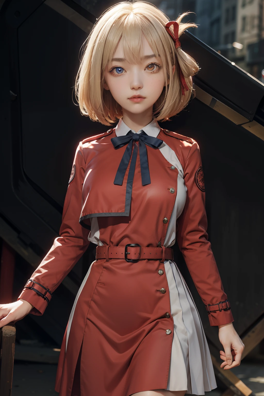 ((masterpiece))、(((Highest quality)))、((Super detailed)),(Blonde Short Hair)、(Barrette)、(((Hair on one eye)))、(Red eyes)、blazer、White shirt、Red tie、Checkered Skirt