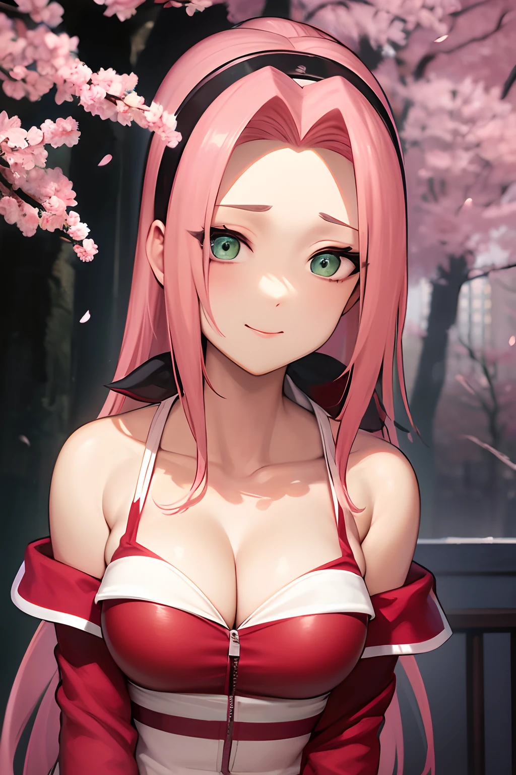 tmasterpiece, Best quality at best, 1girll, Sakura Haruno, Large breasts,Off-the-shoulder attire,(cleavage),(upperbody closeup),Raised sexy,is shy,ssmile,with pink hair, long whitr hair, (Green eyeballs:1.4), Forehead protection, the cherry trees,Cherry blossoms flying,Red clothes,Zipper half, ticc body